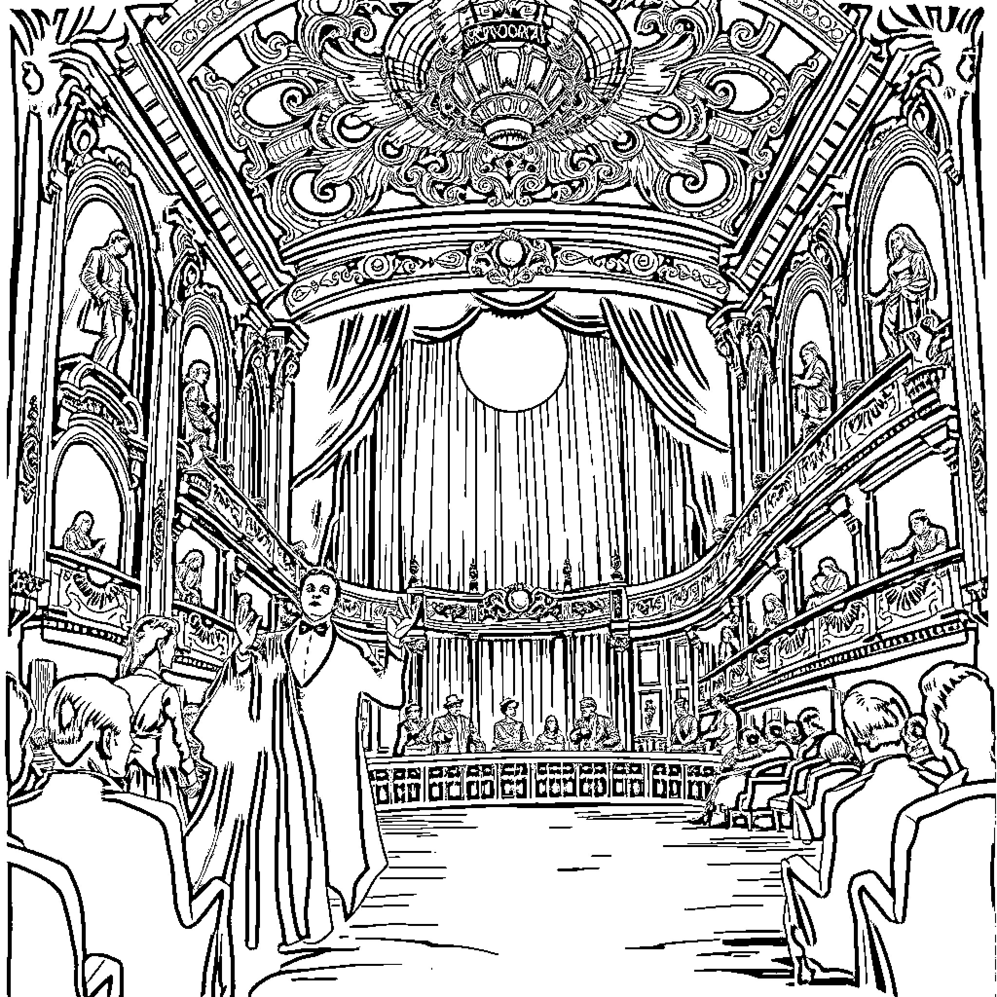 Phantom Performers on Stage of Ornate Theater Coloring Page (free black-and-white line drawing printable PDF for all, from beginners to advanced learners, including children, teens, adults, and seniors)