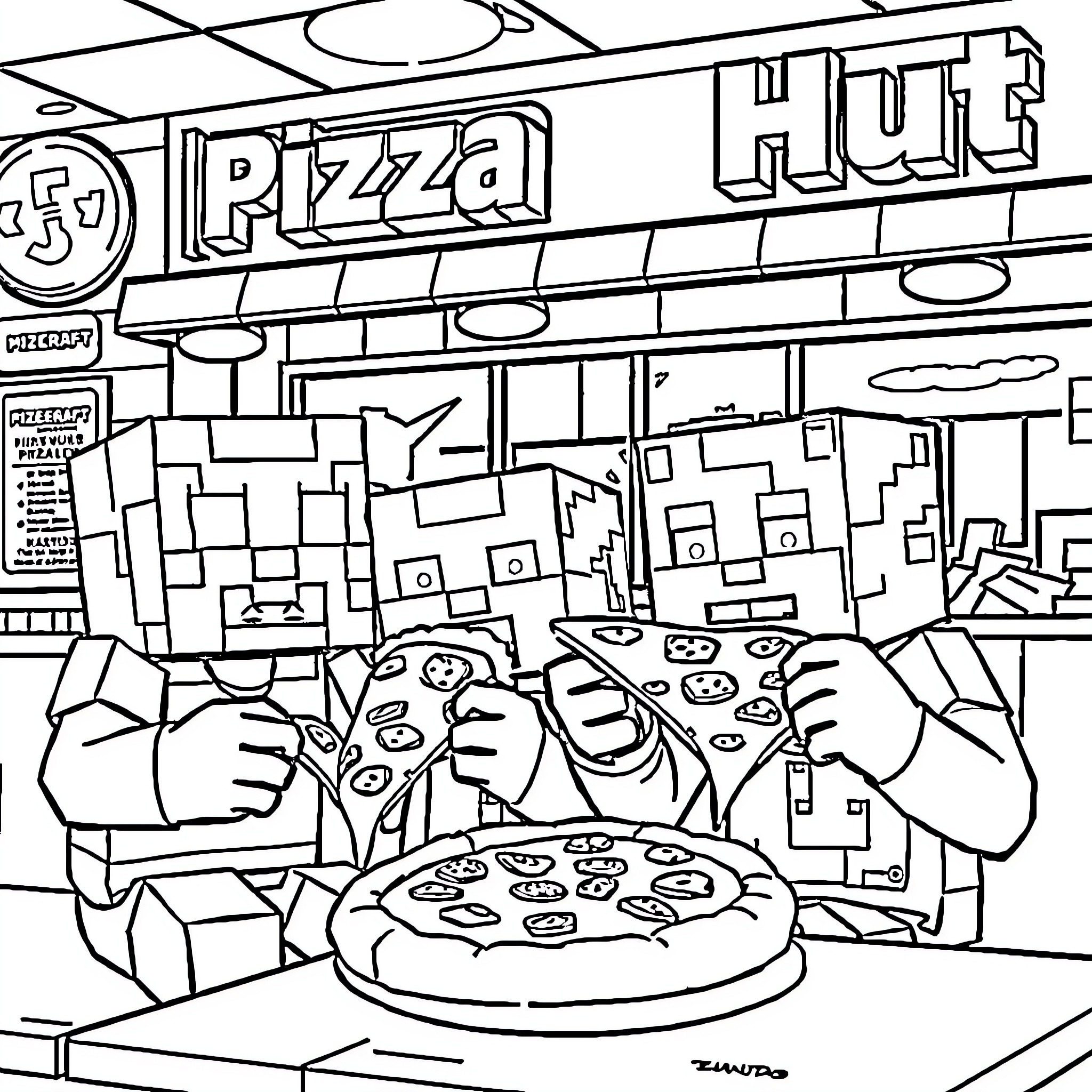Creeper ordering pizza in the shop Coloring Page (free black-and-white line drawing printable PDF for all, from beginners to advanced learners, including children, teens, adults, and seniors)