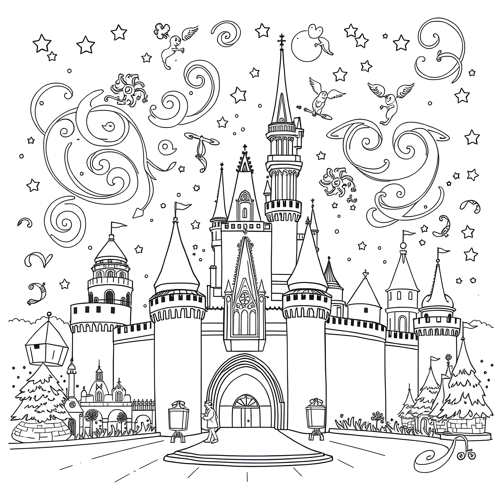 Magic Band - Whimsical Castle in Starry Wonderland Coloring Page (free black-and-white line drawing printable PDF for all, from beginners to advanced learners, including children, teens, adults, and seniors)
