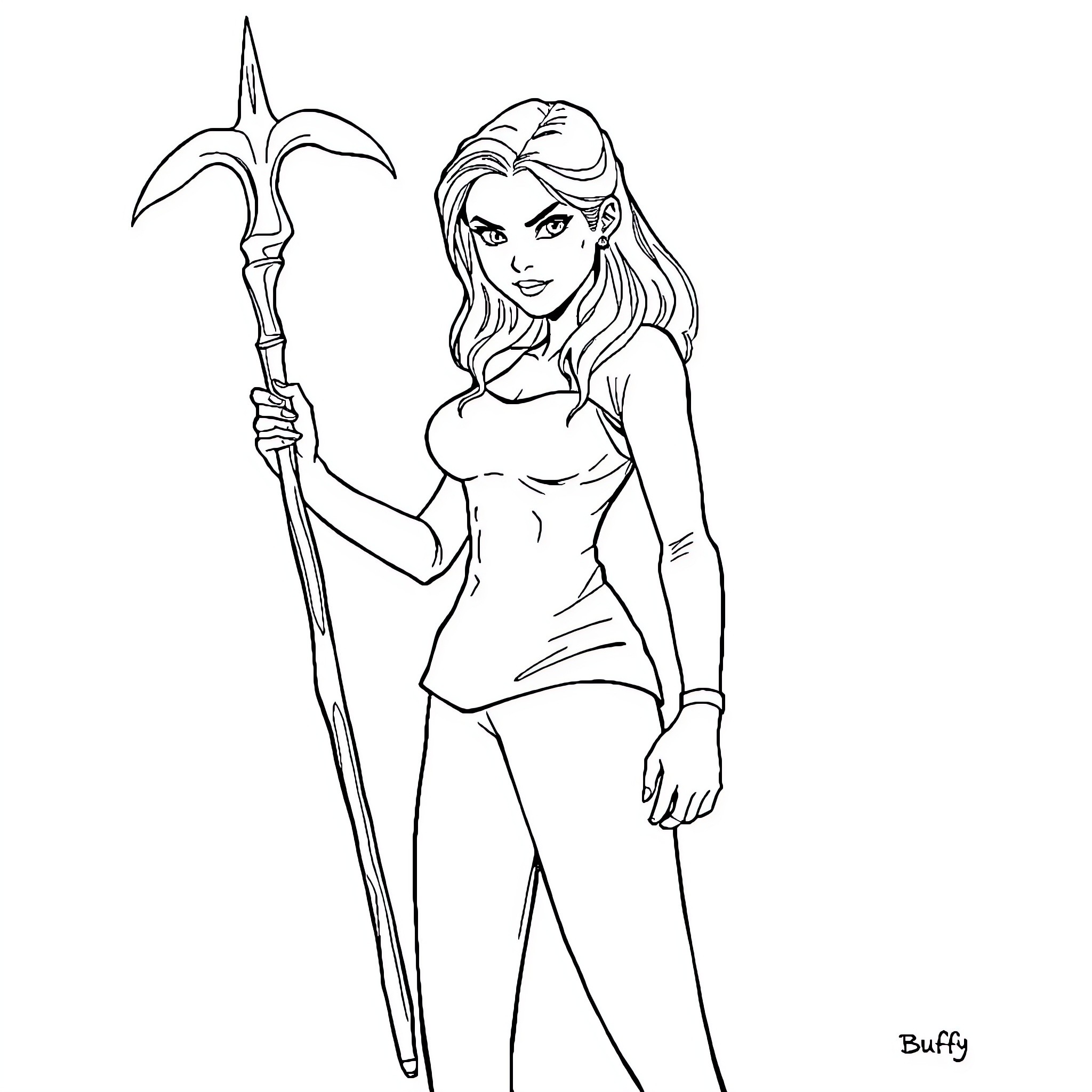 Buffy the Warrior Princess with Weapon Coloring Page (free black-and-white line drawing printable PDF for all, from beginners to advanced learners, including children, teens, adults, and seniors)