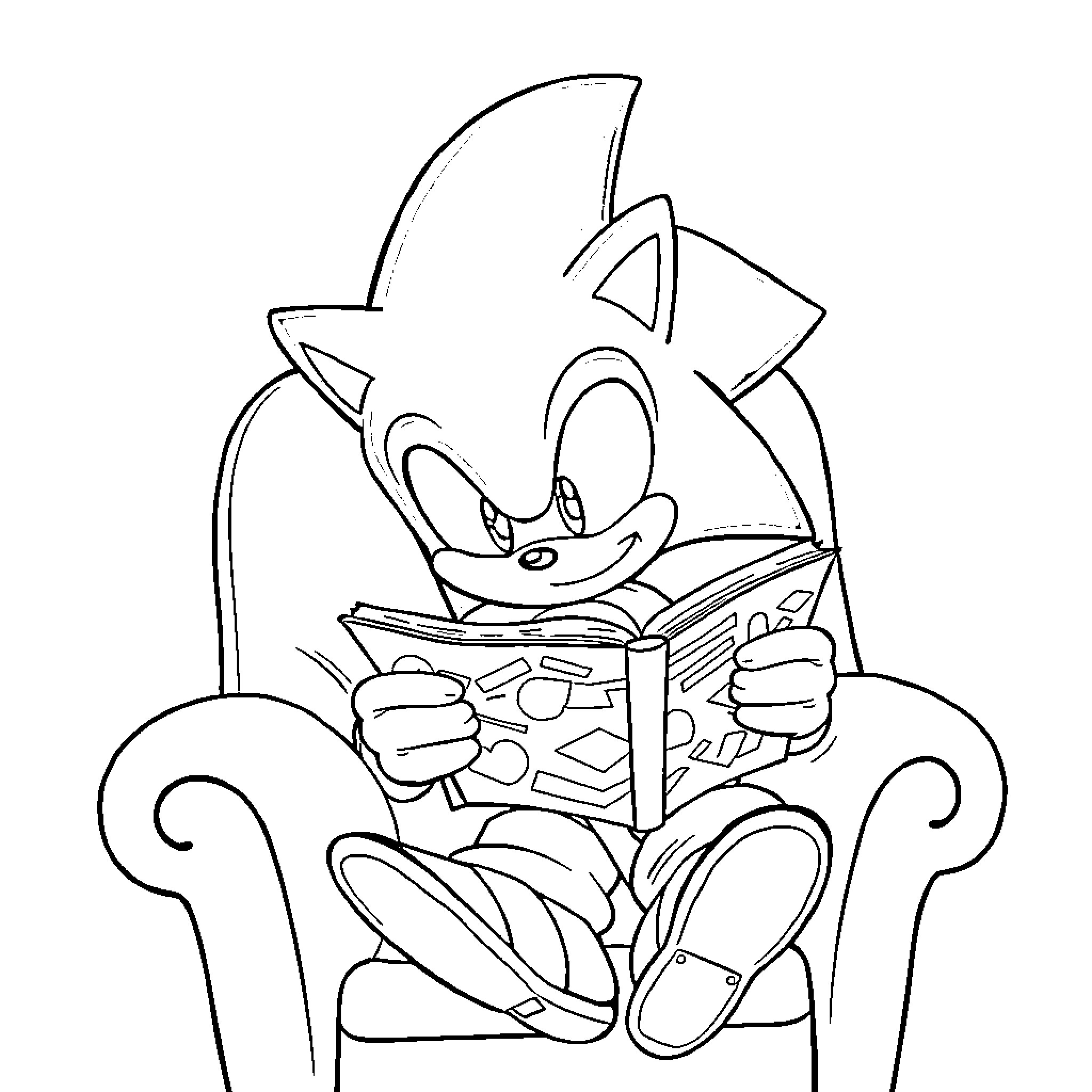 Sonic reading a book comfortably Coloring Page (free black-and-white line drawing printable PDF for all, from beginners to advanced learners, including children, teens, adults, and seniors)