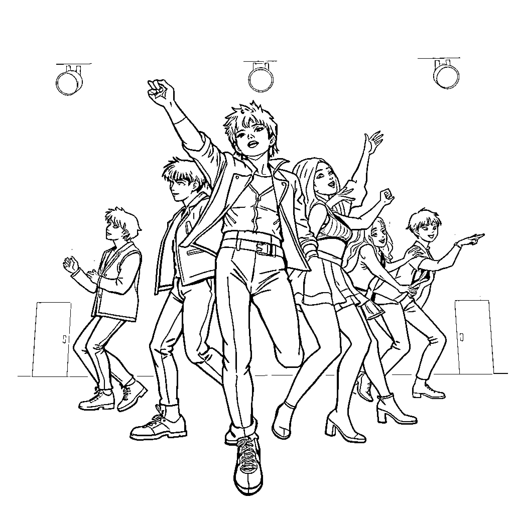 Kpop Group Performing Energetic Dance Routine Coloring Page (free black-and-white line drawing printable PDF for all, from beginners to advanced learners, including children, teens, adults, and seniors)