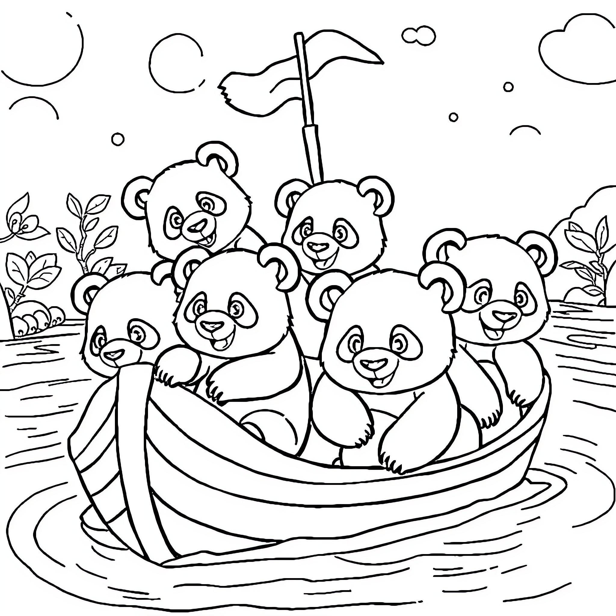 Panda cubs enjoying a boat ride in nature Coloring Page (free black-and-white line drawing printable PDF for all, from beginners to advanced learners, including children, teens, adults, and seniors)