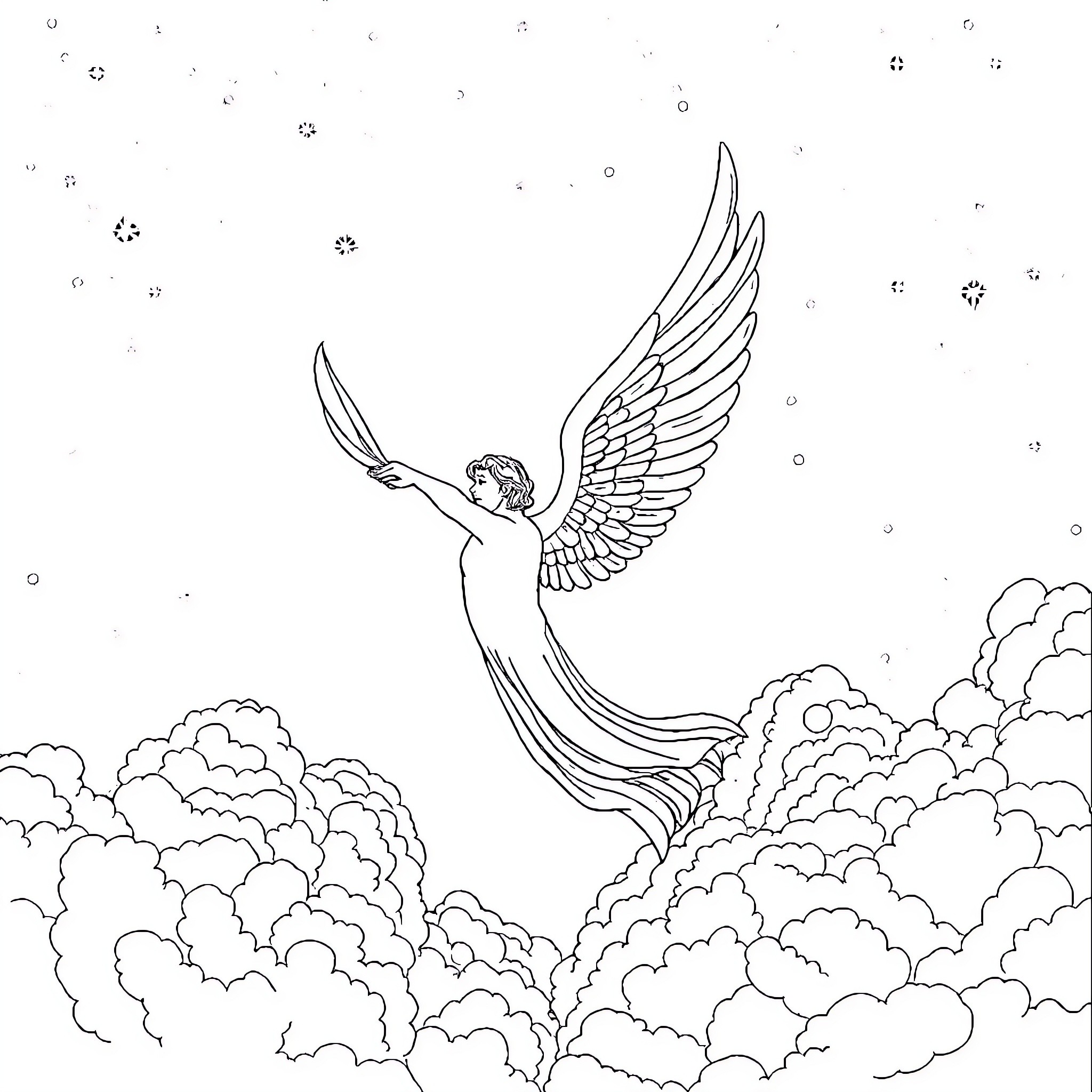 Angel soaring through the celestial clouds Coloring Page (free black-and-white line drawing printable PDF for all, from beginners to advanced learners, including children, teens, adults, and seniors)