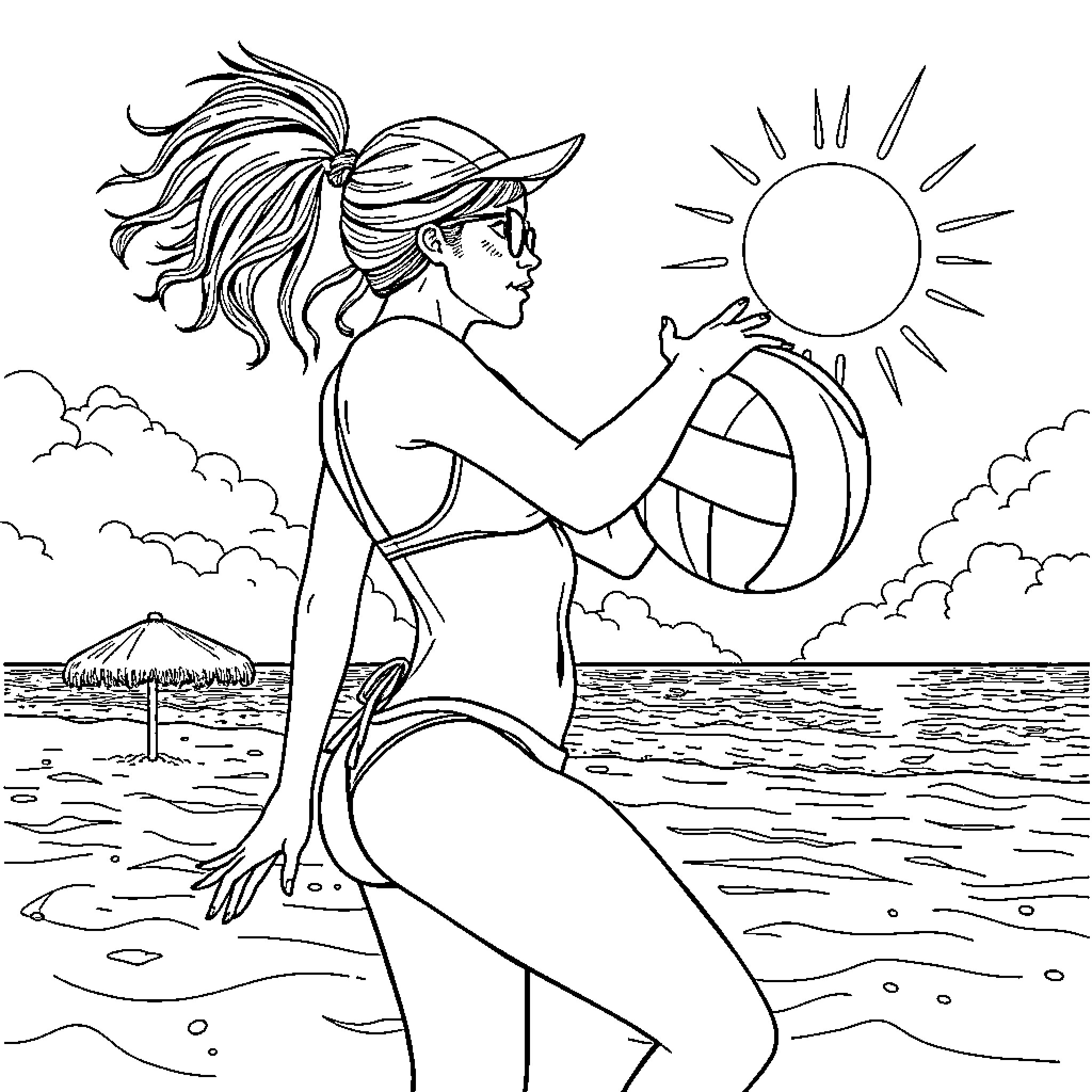 Chica enjoying beach activities in the sun Coloring Page (free black-and-white line drawing printable PDF for all, from beginners to advanced learners, including children, teens, adults, and seniors)