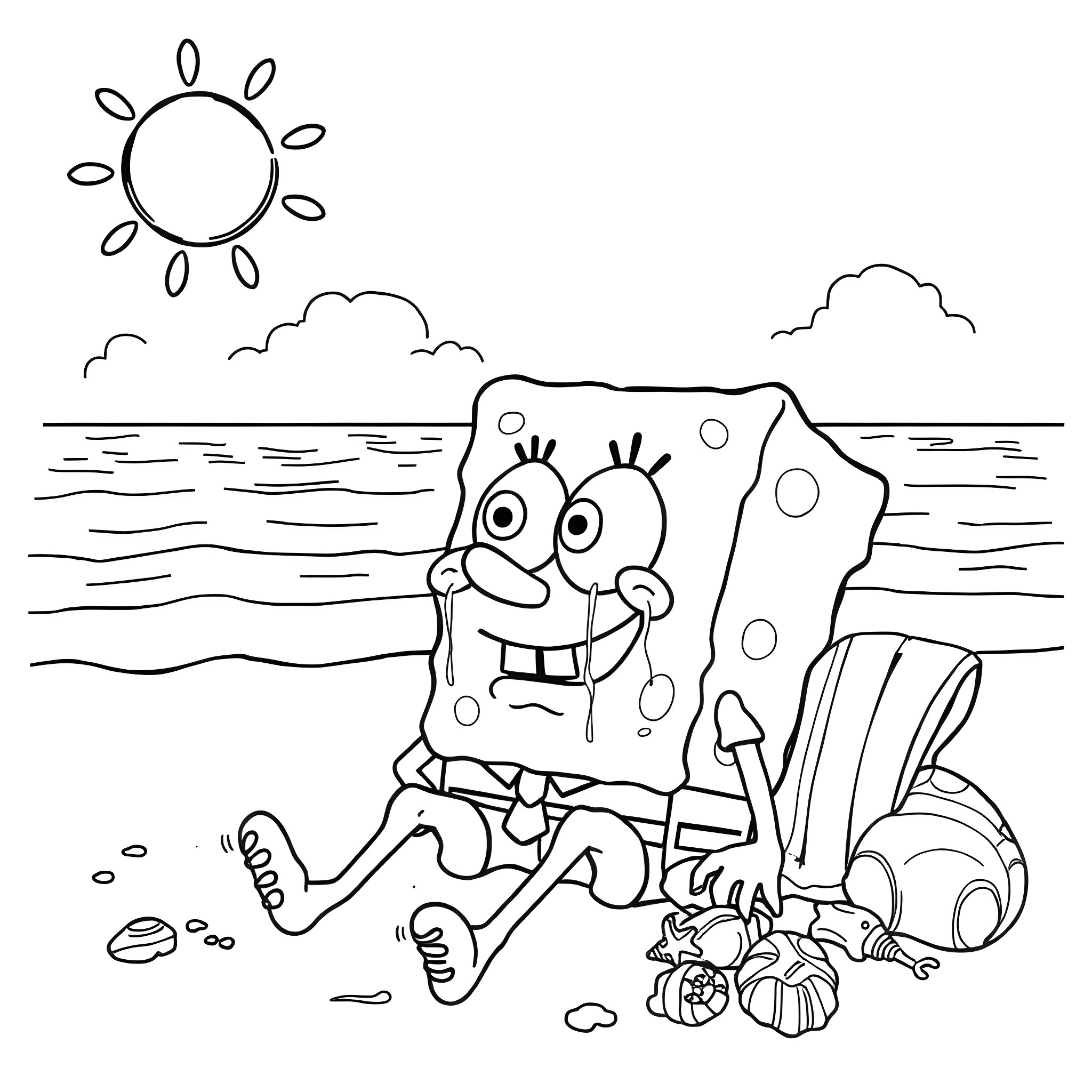 Spongebob relaxing on the beach Coloring Page (free black-and-white line drawing printable PDF for all, from beginners to advanced learners, including children, teens, adults, and seniors)