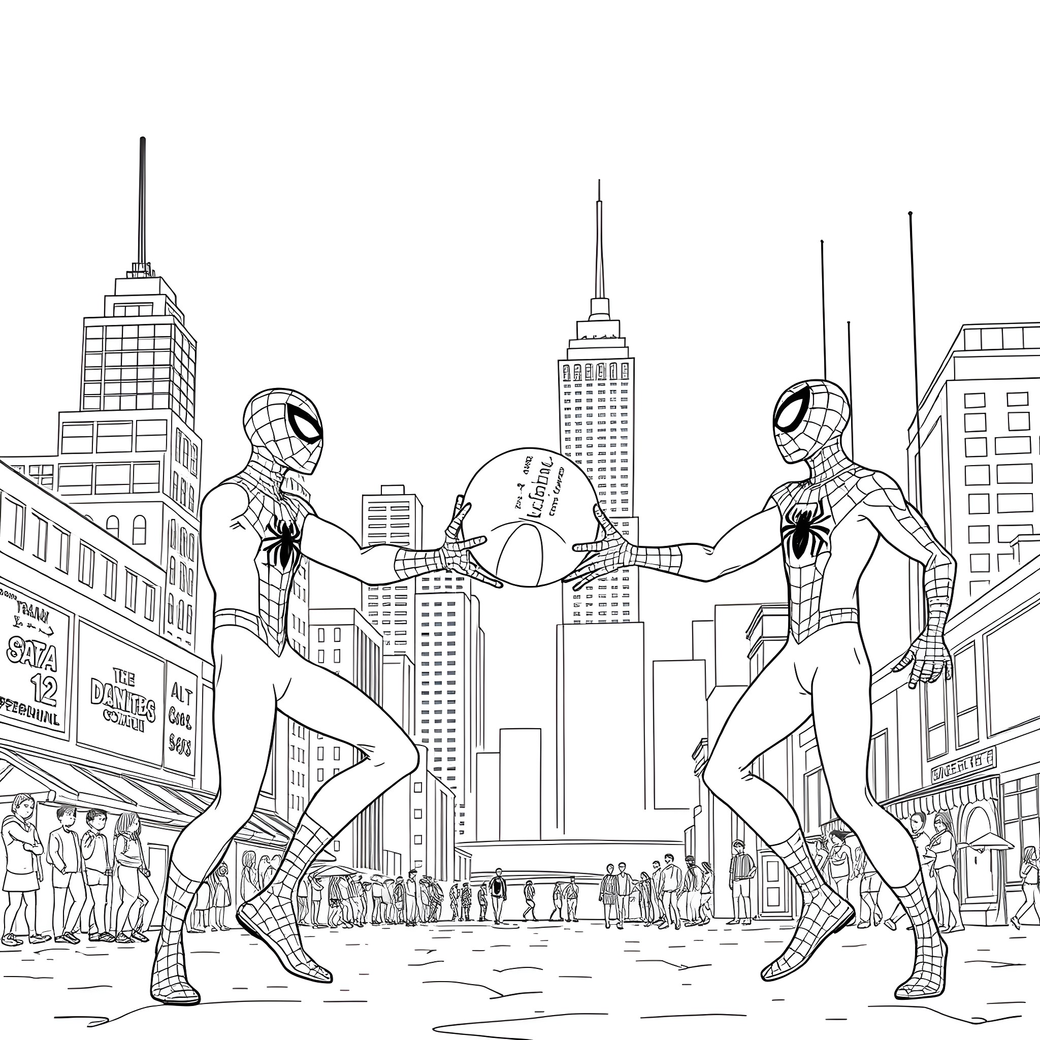 Spider-Man fighting crime in the city Coloring Page (free black-and-white line drawing printable PDF for all, from beginners to advanced learners, including children, teens, adults, and seniors)
