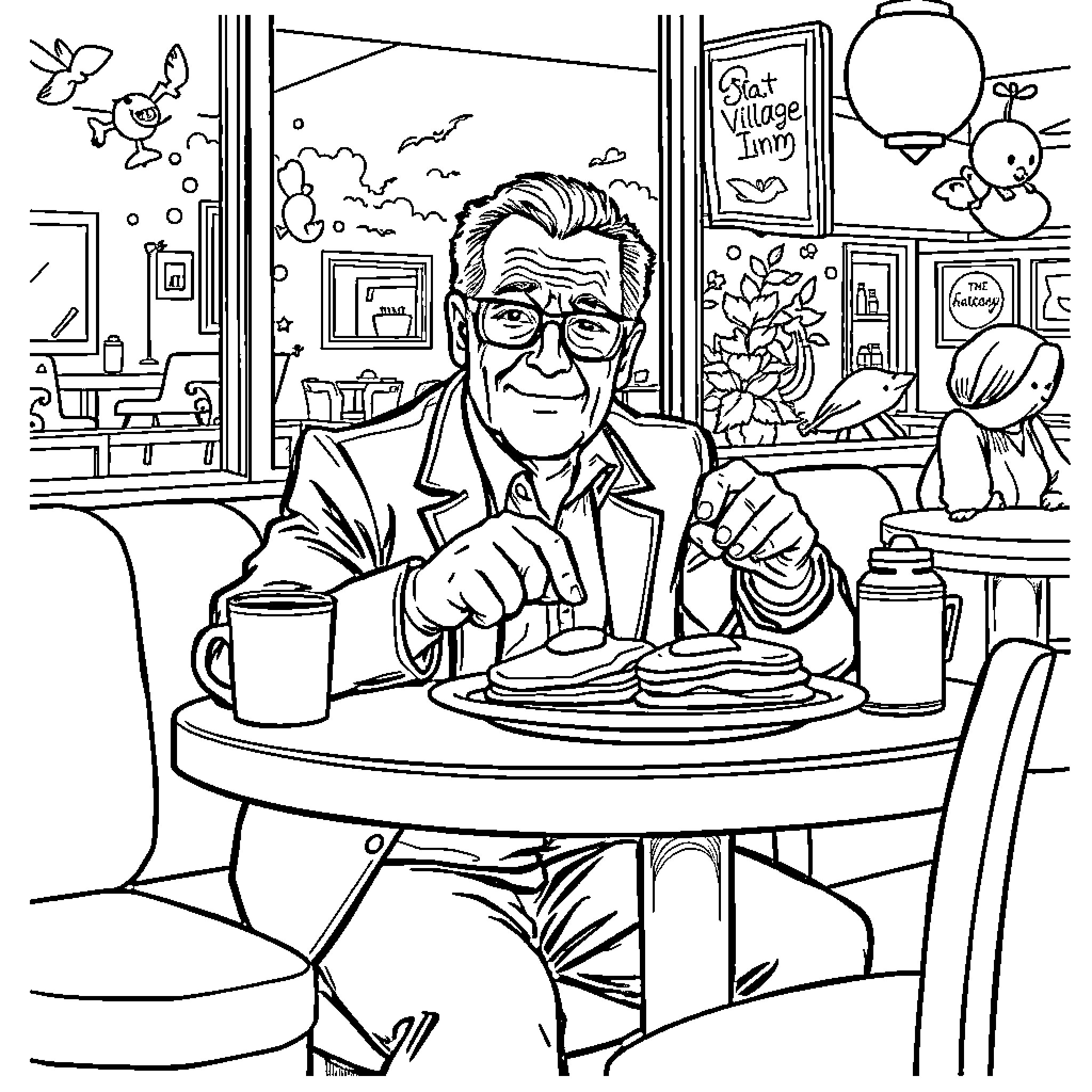 Steven Segal enjoying a meal at a retro diner Coloring Page (free black-and-white line drawing printable PDF for all, from beginners to advanced learners, including children, teens, adults, and seniors)