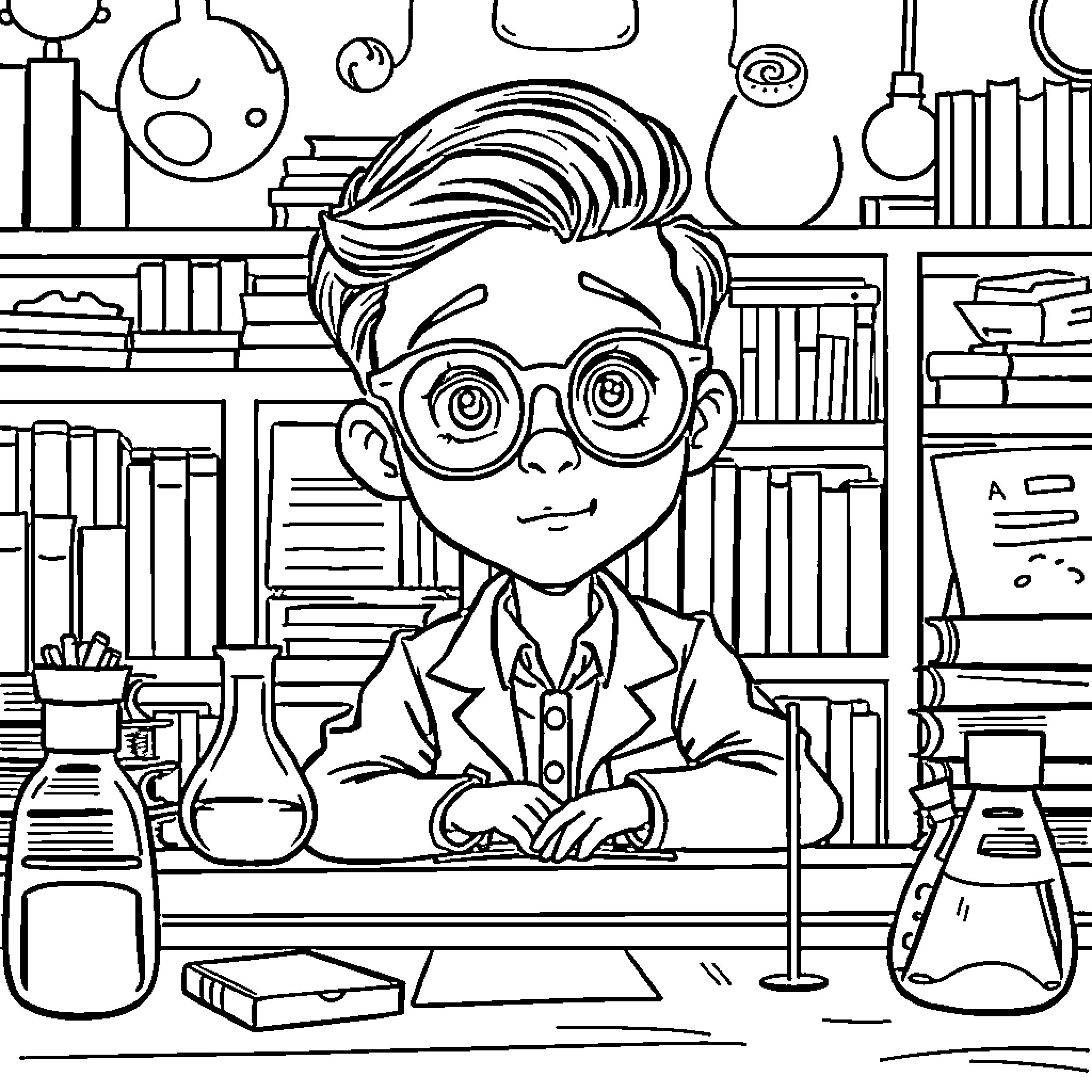 Sheldon's Curious Experiments in the Lab Coloring Page (free black-and-white line drawing printable PDF for all, from beginners to advanced learners, including children, teens, adults, and seniors)