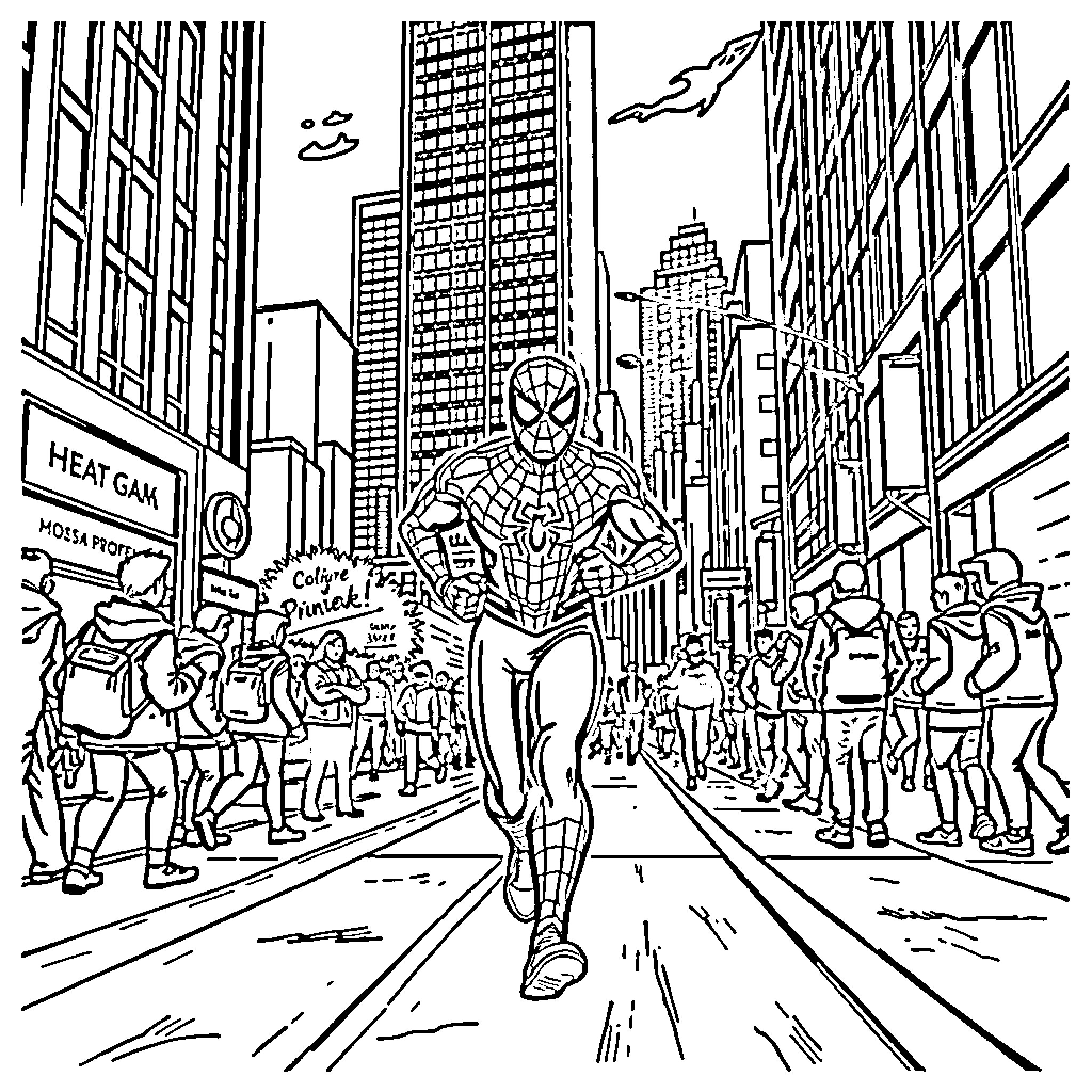 Spiderman in action amid the bustling city skyline Coloring Page (free black-and-white line drawing printable PDF for all, from beginners to advanced learners, including children, teens, adults, and seniors)
