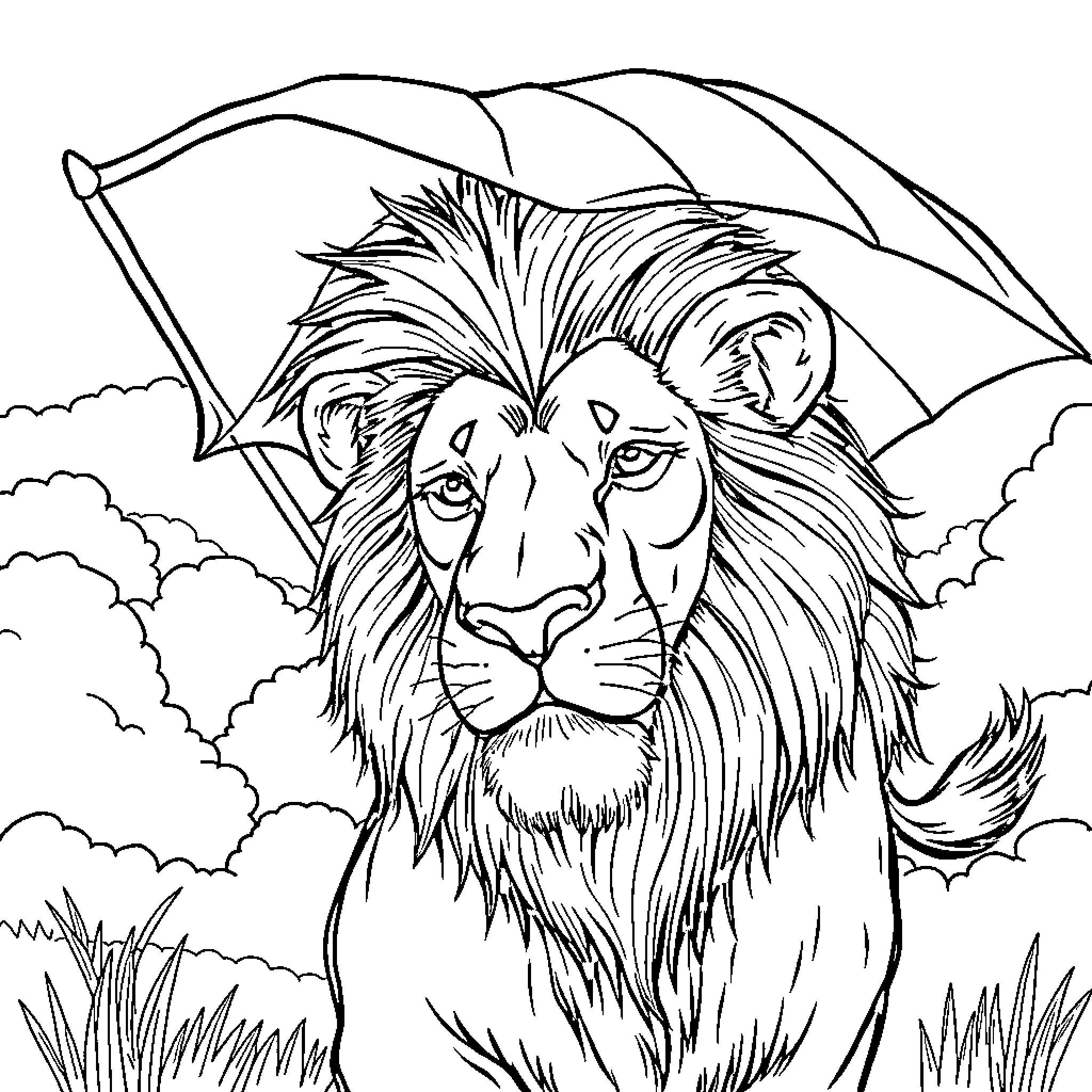 Lion sheltering from the rain under an umbrella Coloring Page (free black-and-white line drawing printable PDF for all, from beginners to advanced learners, including children, teens, adults, and seniors)
