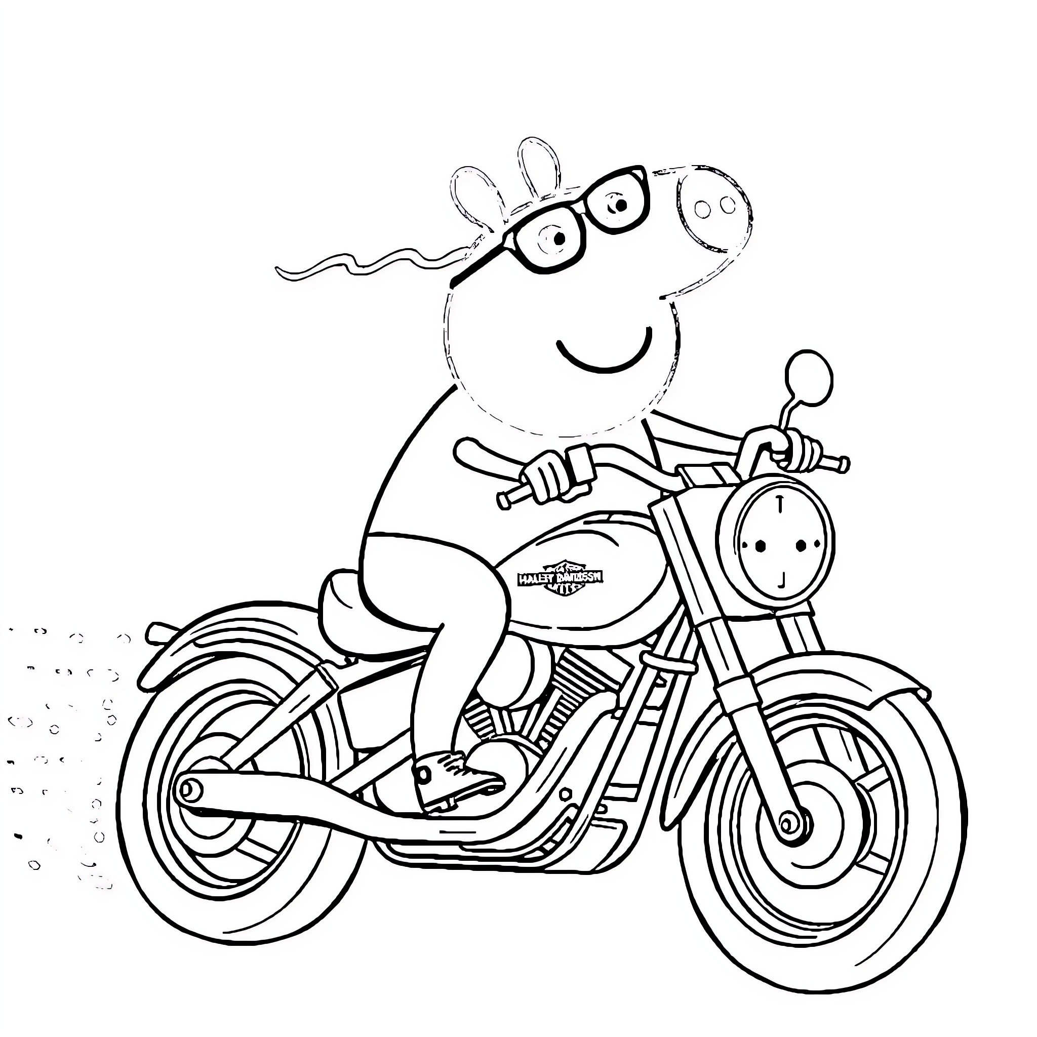 Peppa Pig riding a motorcycle happily Coloring Page (free black-and-white line drawing printable PDF for all, from beginners to advanced learners, including children, teens, adults, and seniors)
