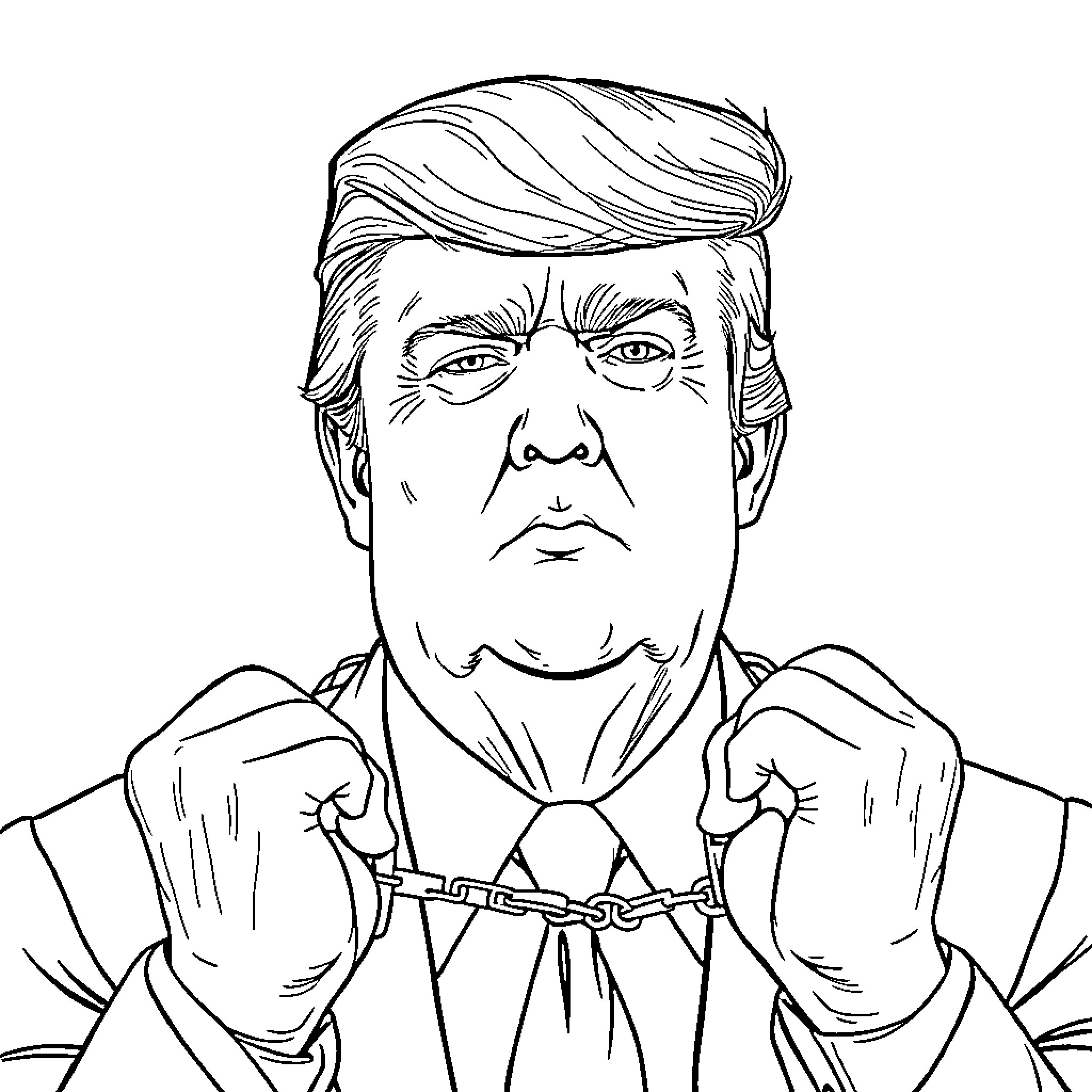 Donald Trump gesturing in handcuffs with serious expression Coloring Page (free black-and-white line drawing printable PDF for all, from beginners to advanced learners, including children, teens, adults, and seniors)