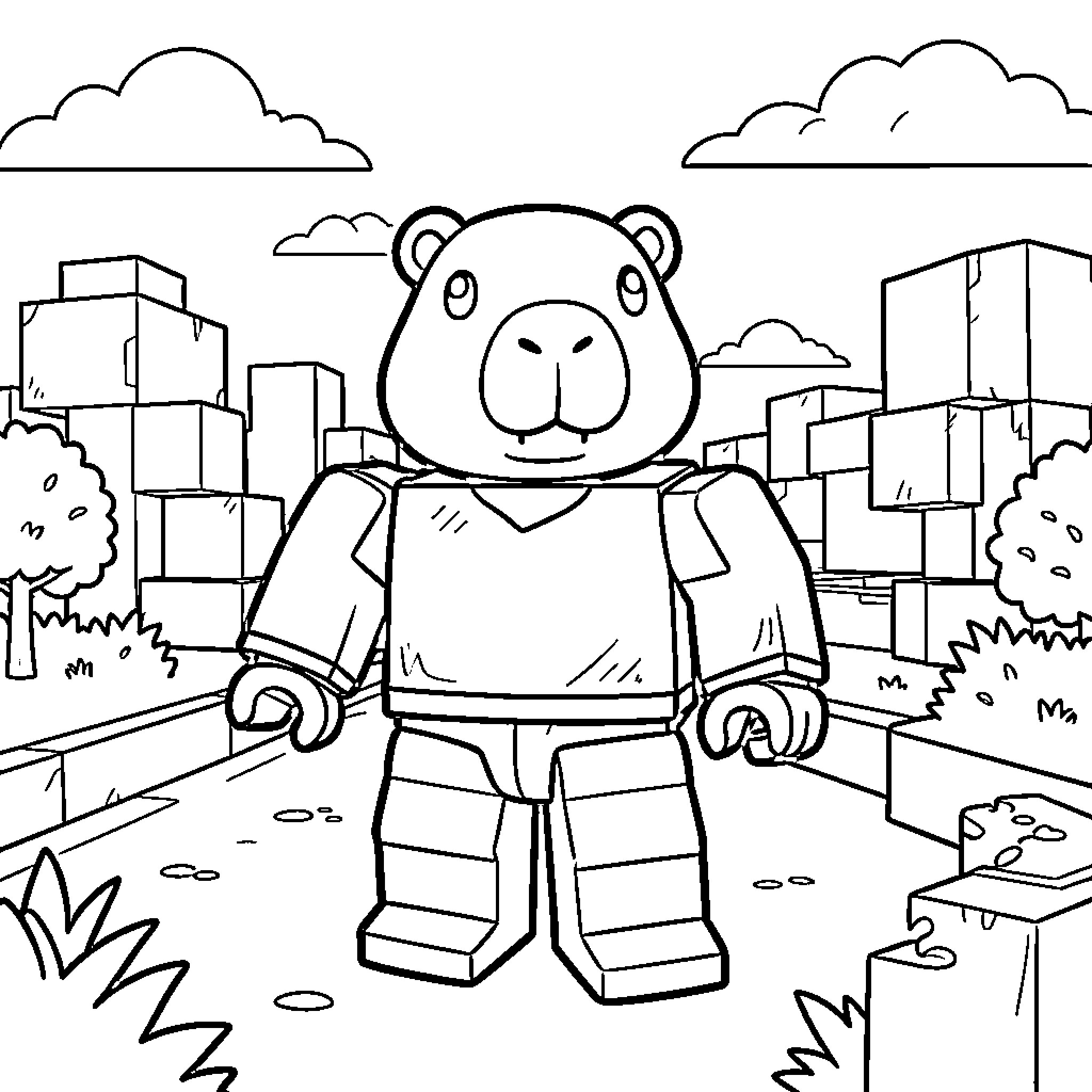 Capybara robot exploring the city Coloring Page (free black-and-white line drawing printable PDF for all, from beginners to advanced learners, including children, teens, adults, and seniors)