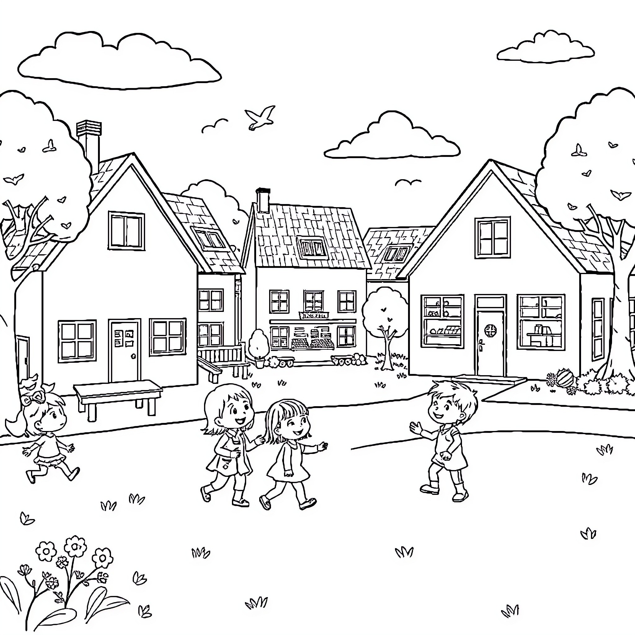 Kindergarten students playing outdoors in a village scene Coloring Page (free black-and-white line drawing printable PDF for all, from beginners to advanced learners, including children, teens, adults, and seniors)