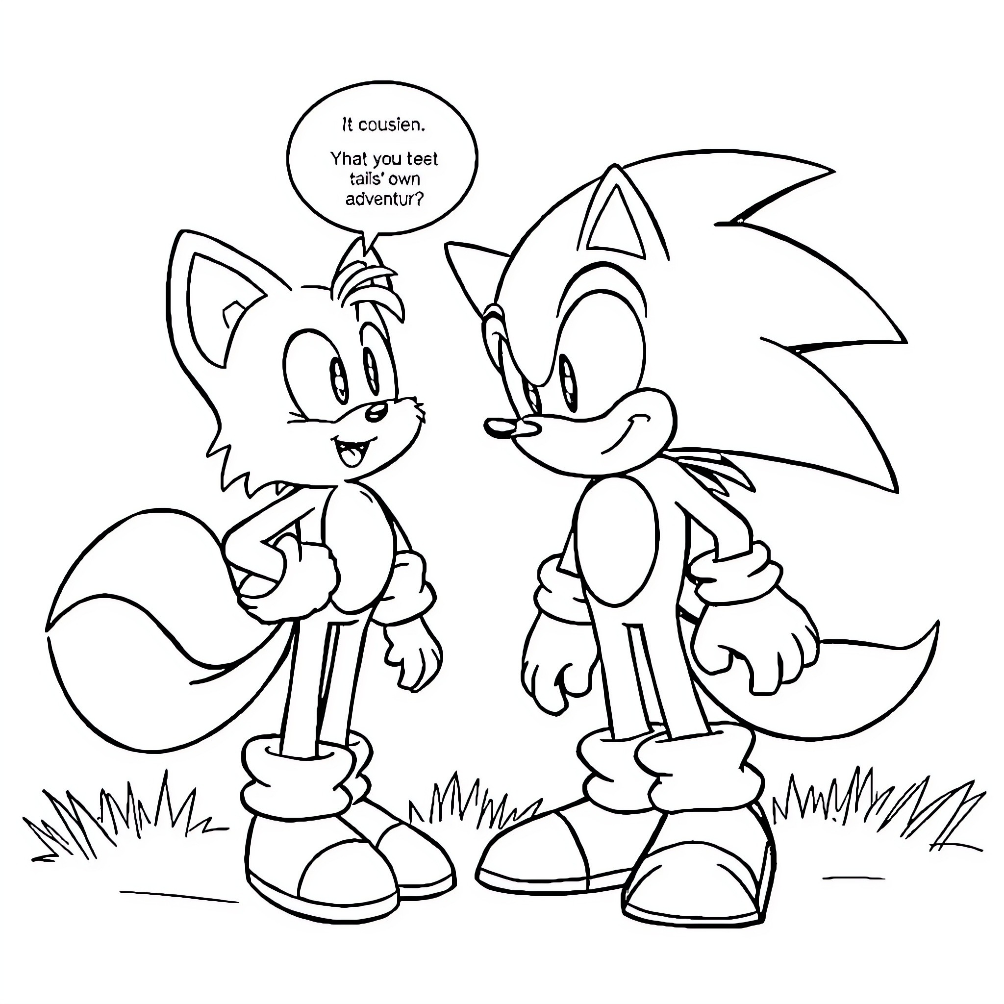 Sonic characters having a conversation in a grassy scene Coloring Page (free black-and-white line drawing printable PDF for all, from beginners to advanced learners, including children, teens, adults, and seniors)