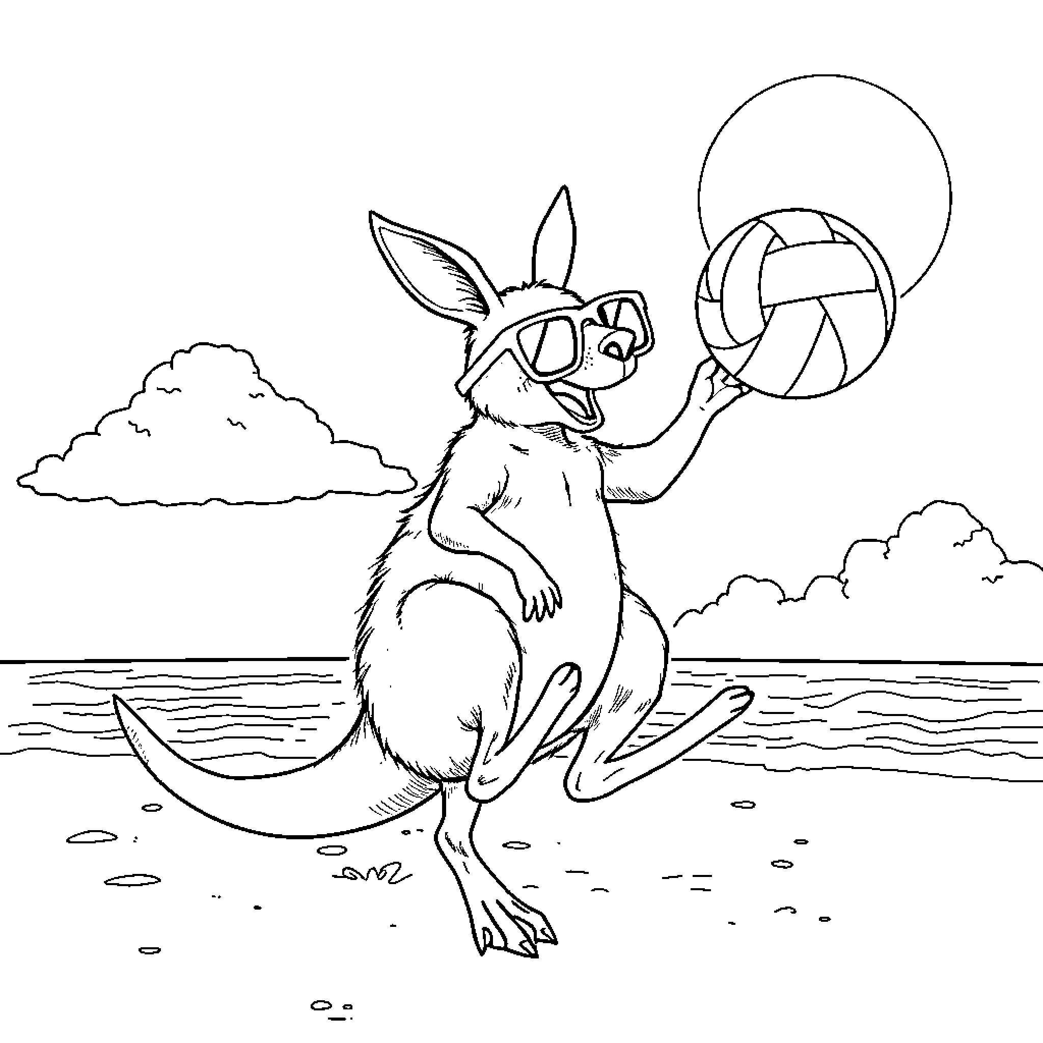 Kangaroo playing volleyball on the beach Coloring Page (free black-and-white line drawing printable PDF for all, from beginners to advanced learners, including children, teens, adults, and seniors)