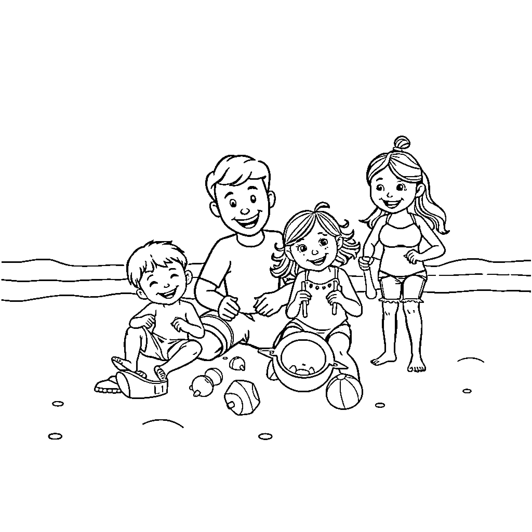 Family Playing Together at the Beach Coloring Page (free black-and-white line drawing printable PDF for all, from beginners to advanced learners, including children, teens, adults, and seniors)