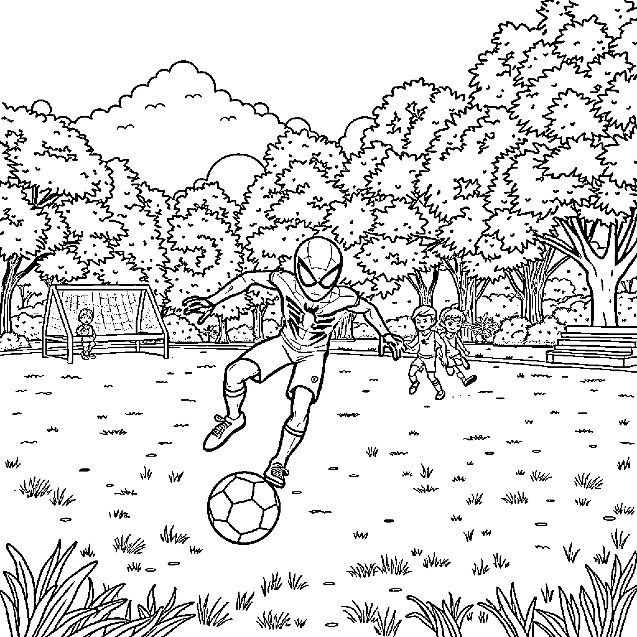 Spider-themed character playing soccer in the park Coloring Page (free black-and-white line drawing printable PDF for all, from beginners to advanced learners, including children, teens, adults, and seniors)