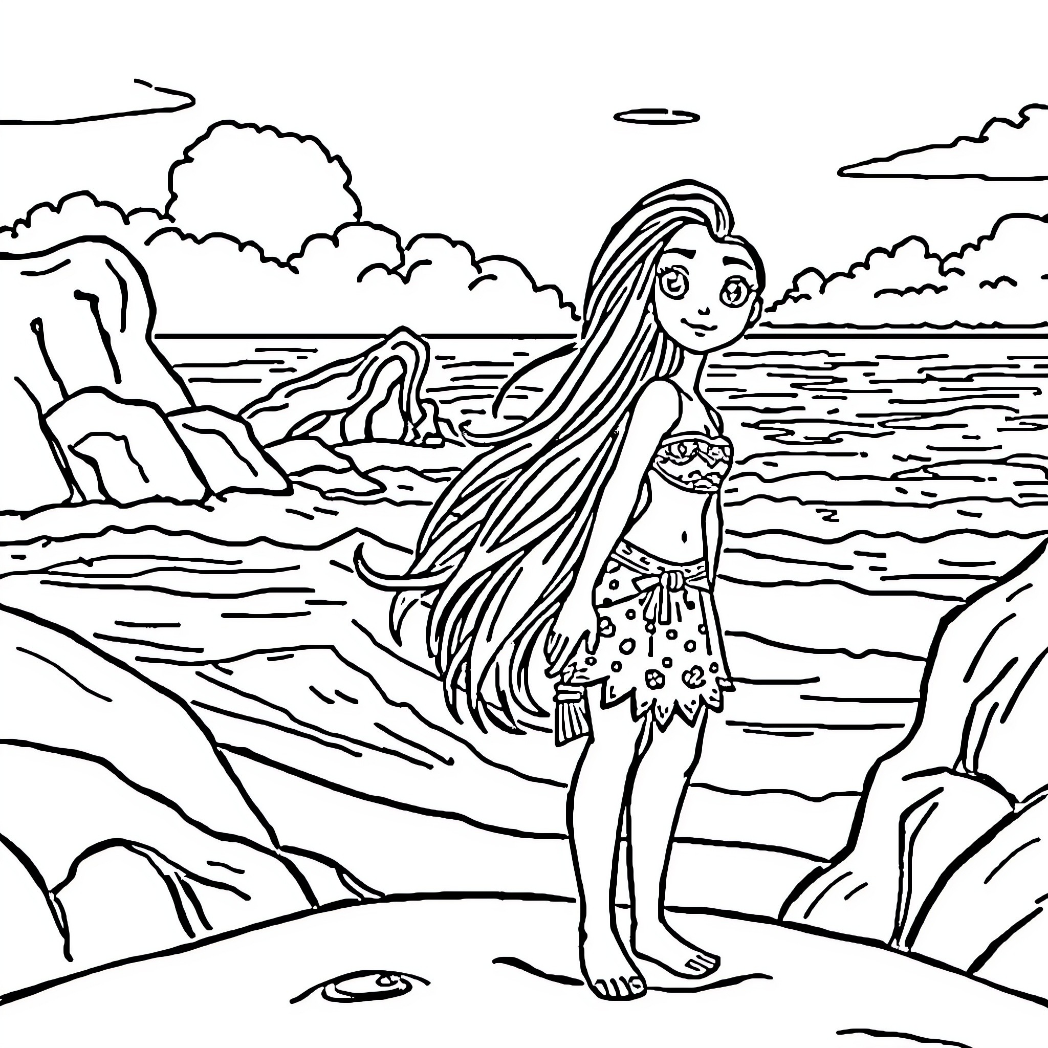 Moana exploring the enchanting seascape Coloring Page (free black-and-white line drawing printable PDF for all, from beginners to advanced learners, including children, teens, adults, and seniors)