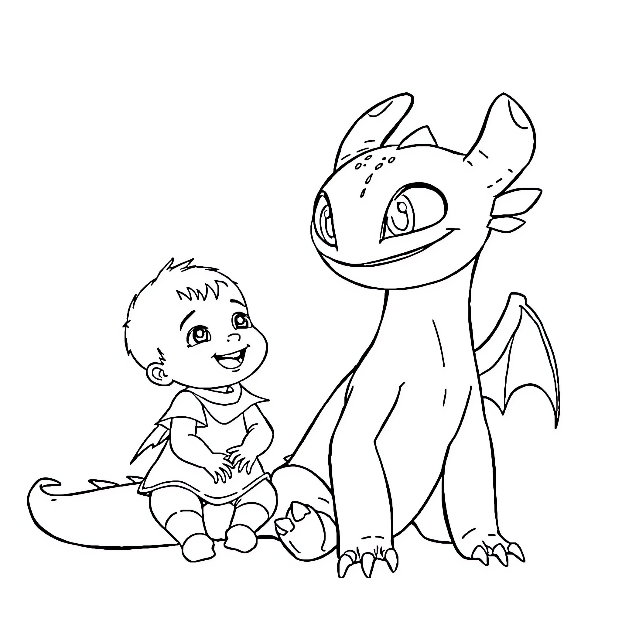 Toothless playing with young boy in coloring book Coloring Page (free black-and-white line drawing printable PDF for all, from beginners to advanced learners, including children, teens, adults, and seniors)