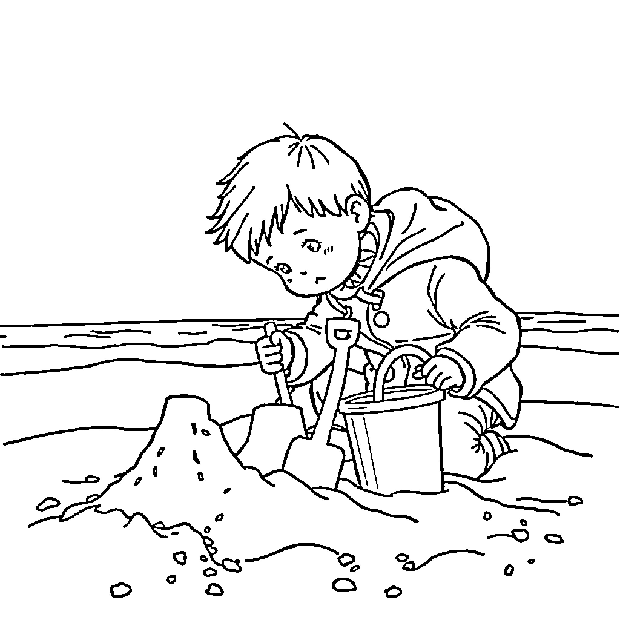 Frozen child playing in the sand Coloring Page (free black-and-white line drawing printable PDF for all, from beginners to advanced learners, including children, teens, adults, and seniors)