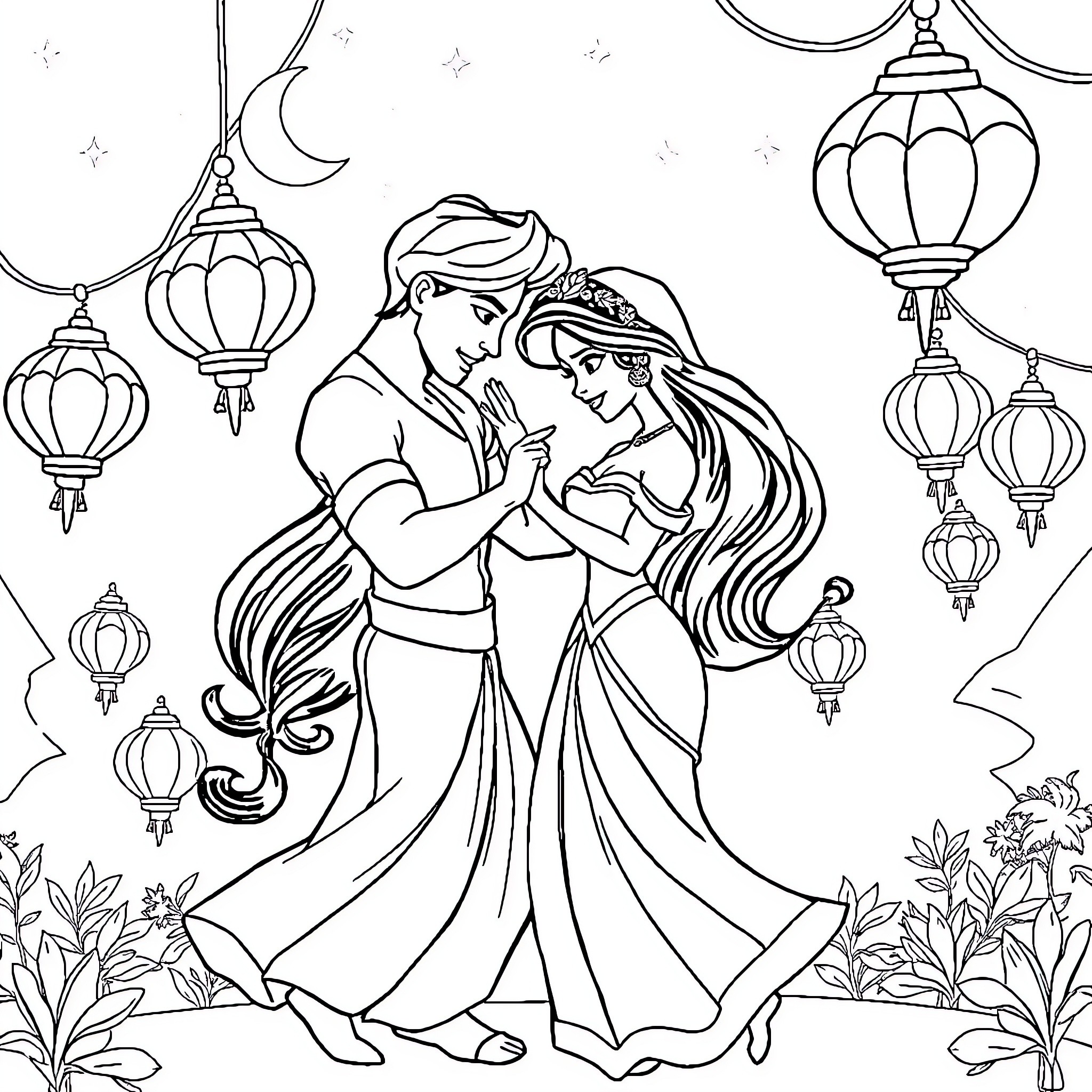 Jasmine and Aladdin's romantic dance under the lanterns Coloring Page (free black-and-white line drawing printable PDF for all, from beginners to advanced learners, including children, teens, adults, and seniors)