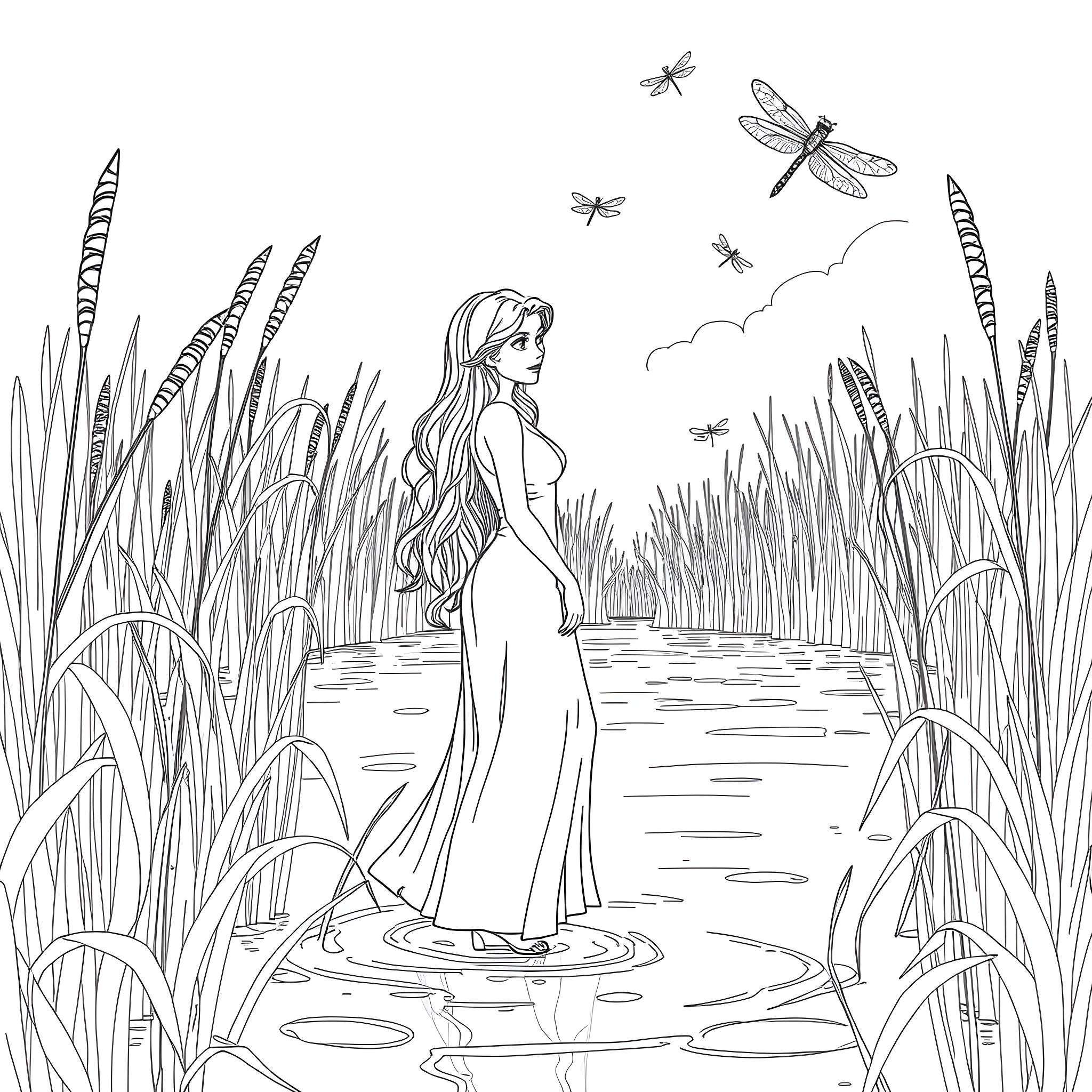 Danielle walks through the enchanted meadow with dragonflies Coloring Page (free black-and-white line drawing printable PDF for all, from beginners to advanced learners, including children, teens, adults, and seniors)