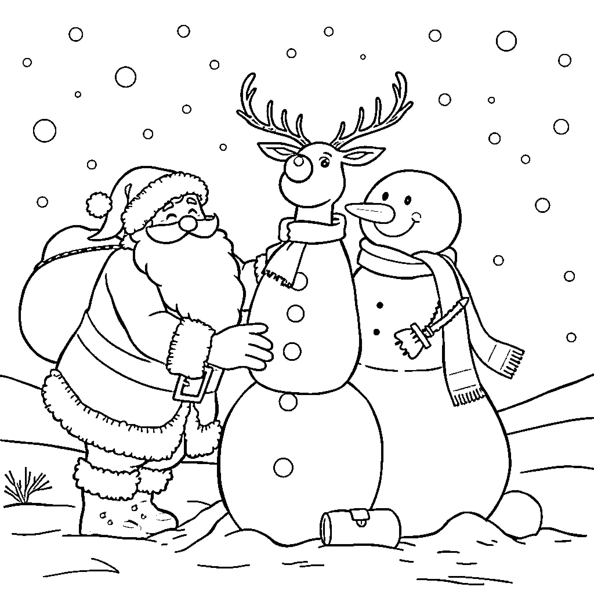 Santa Claus and Reindeer making a Snowman Coloring Page (free black-and-white line drawing printable PDF for all, from beginners to advanced learners, including children, teens, adults, and seniors)
