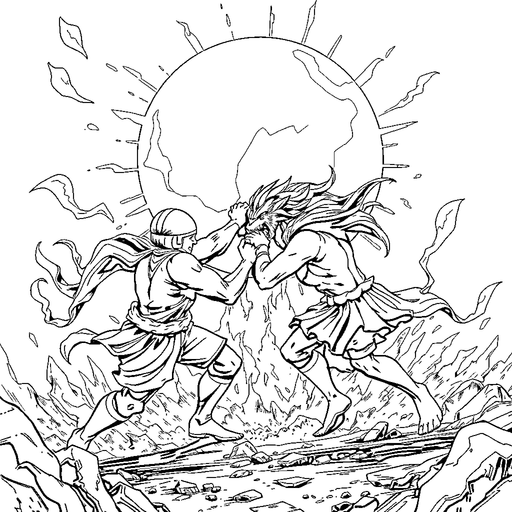 Boica: Powerful Warrior Clash in Dramatic Landscape Coloring Page (free black-and-white line drawing printable PDF for all, from beginners to advanced learners, including children, teens, adults, and seniors)