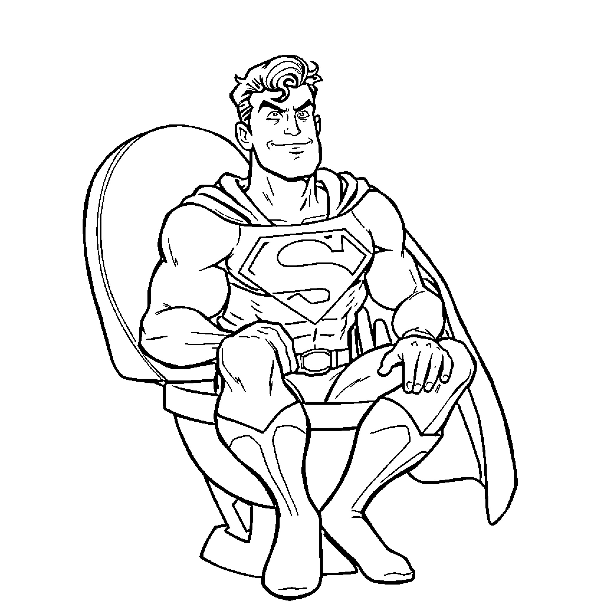 Superman heroically standing with determination Coloring Page (free black-and-white line drawing printable PDF for all, from beginners to advanced learners, including children, teens, adults, and seniors)