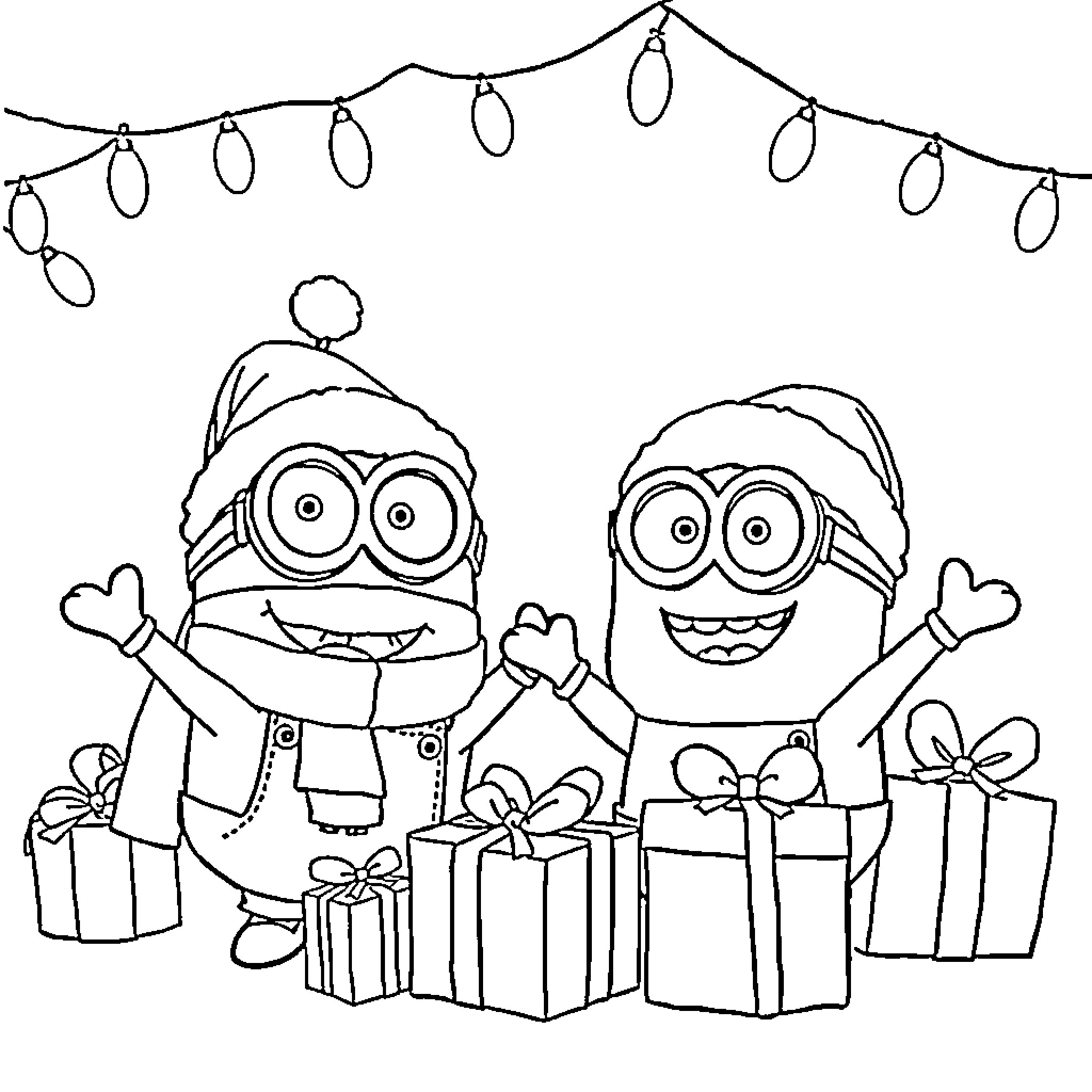 Minions celebrating with gifts and decorations Coloring Page (free black-and-white line drawing printable PDF for all, from beginners to advanced learners, including children, teens, adults, and seniors)