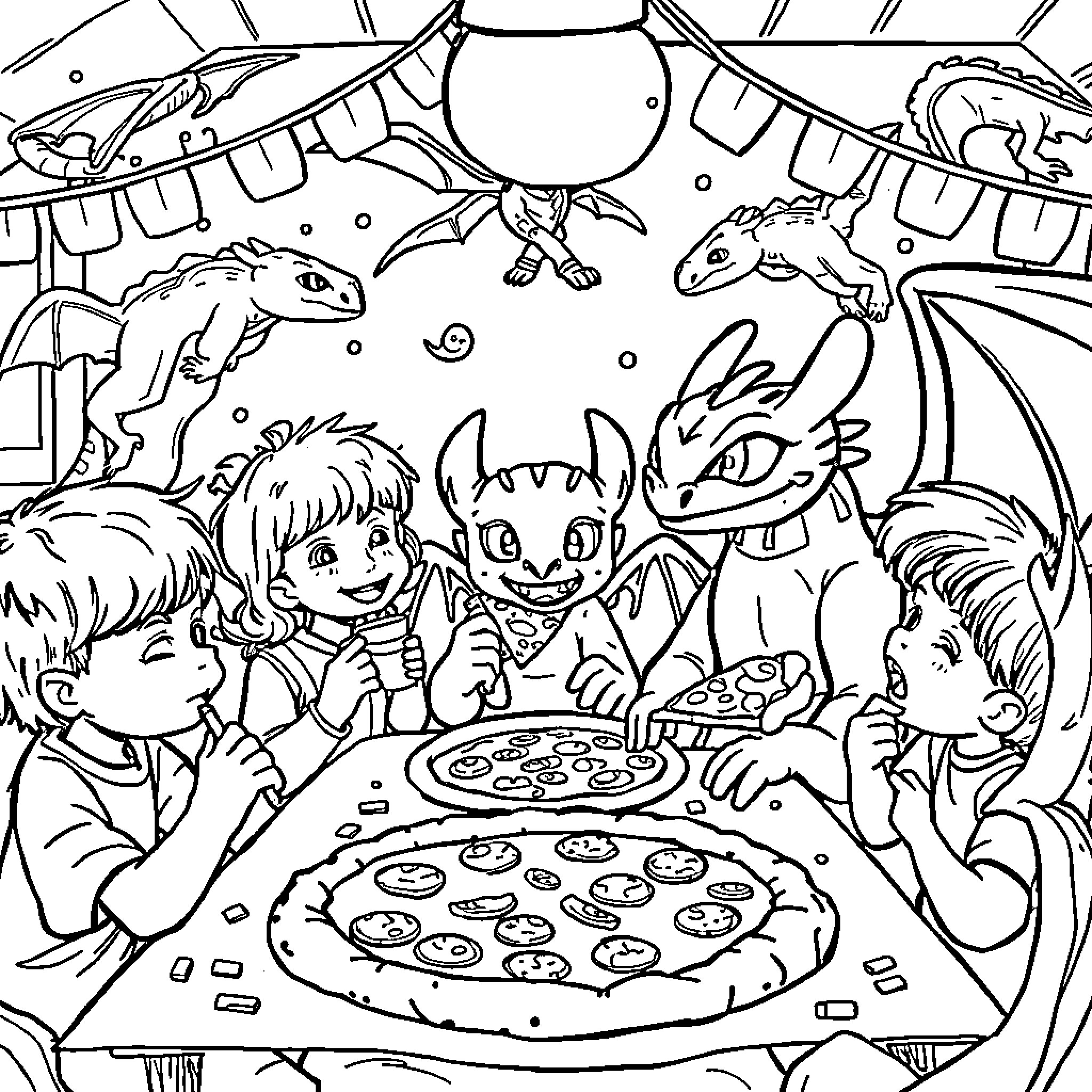 Dragon friends enjoying a pizza party Coloring Page (free black-and-white line drawing printable PDF for all, from beginners to advanced learners, including children, teens, adults, and seniors)