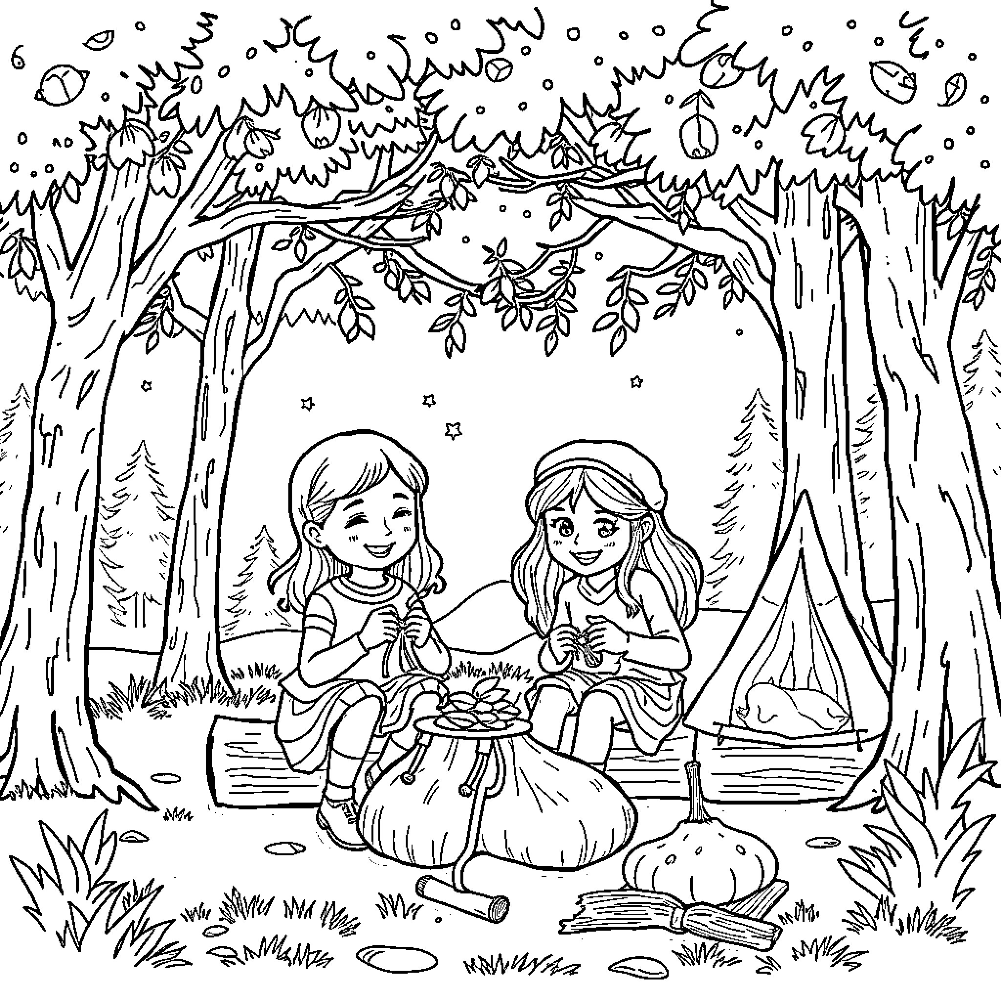 Girls Picnicking in the Forest Coloring Page (free black-and-white line drawing printable PDF for all, from beginners to advanced learners, including children, teens, adults, and seniors)
