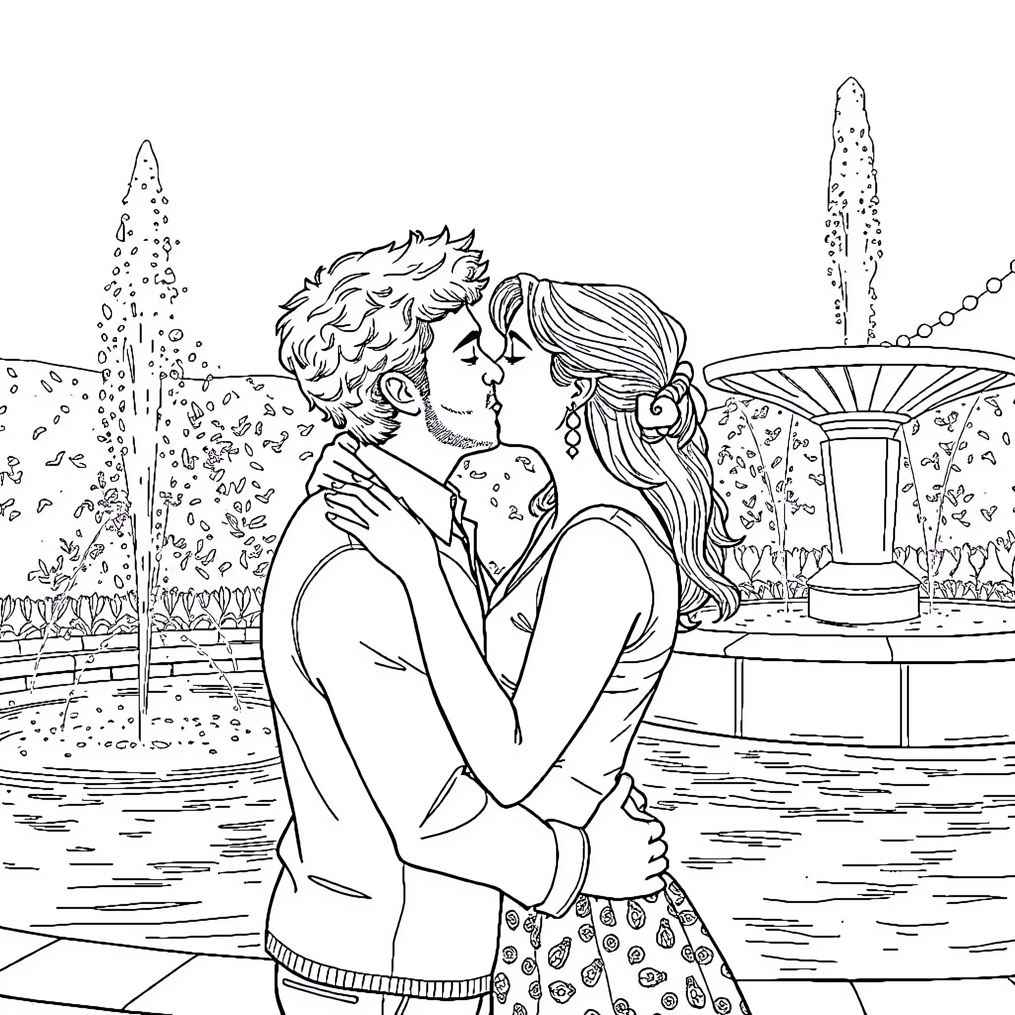 Couple embracing lovingly in garden setting Coloring Page (free black-and-white line drawing printable PDF for all, from beginners to advanced learners, including children, teens, adults, and seniors)