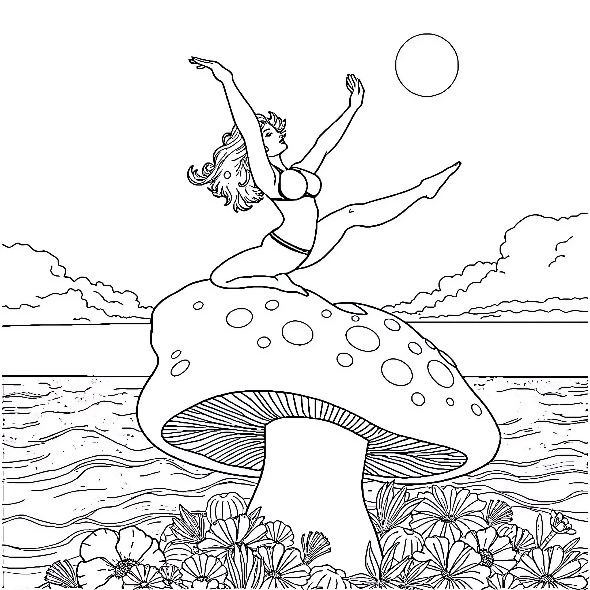 Woman jumping playfully on a mushroom in nature Coloring Page (free black-and-white line drawing printable PDF for all, from beginners to advanced learners, including children, teens, adults, and seniors)