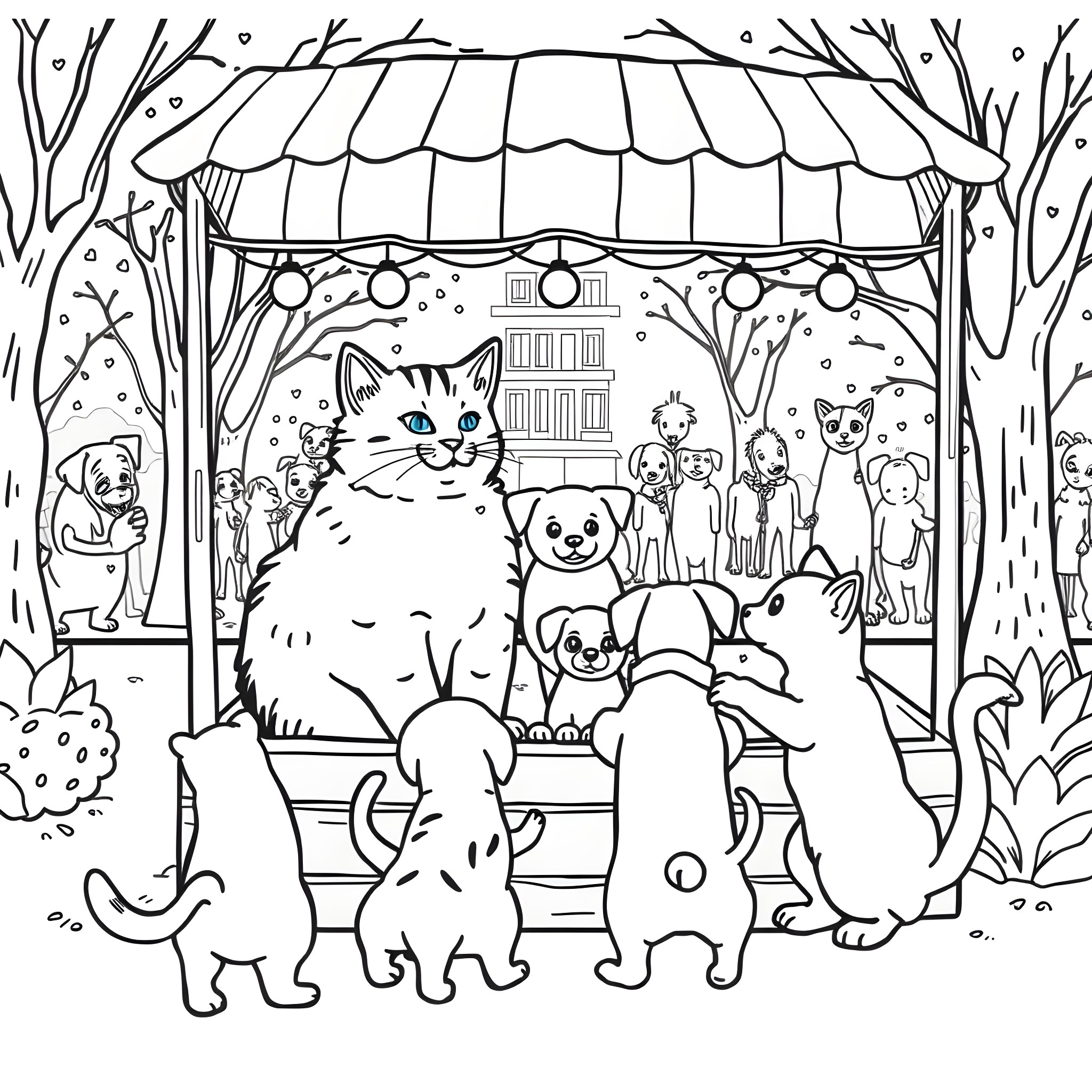 Cat circus performers entertaining the crowd Coloring Page (free black-and-white line drawing printable PDF for all, from beginners to advanced learners, including children, teens, adults, and seniors)