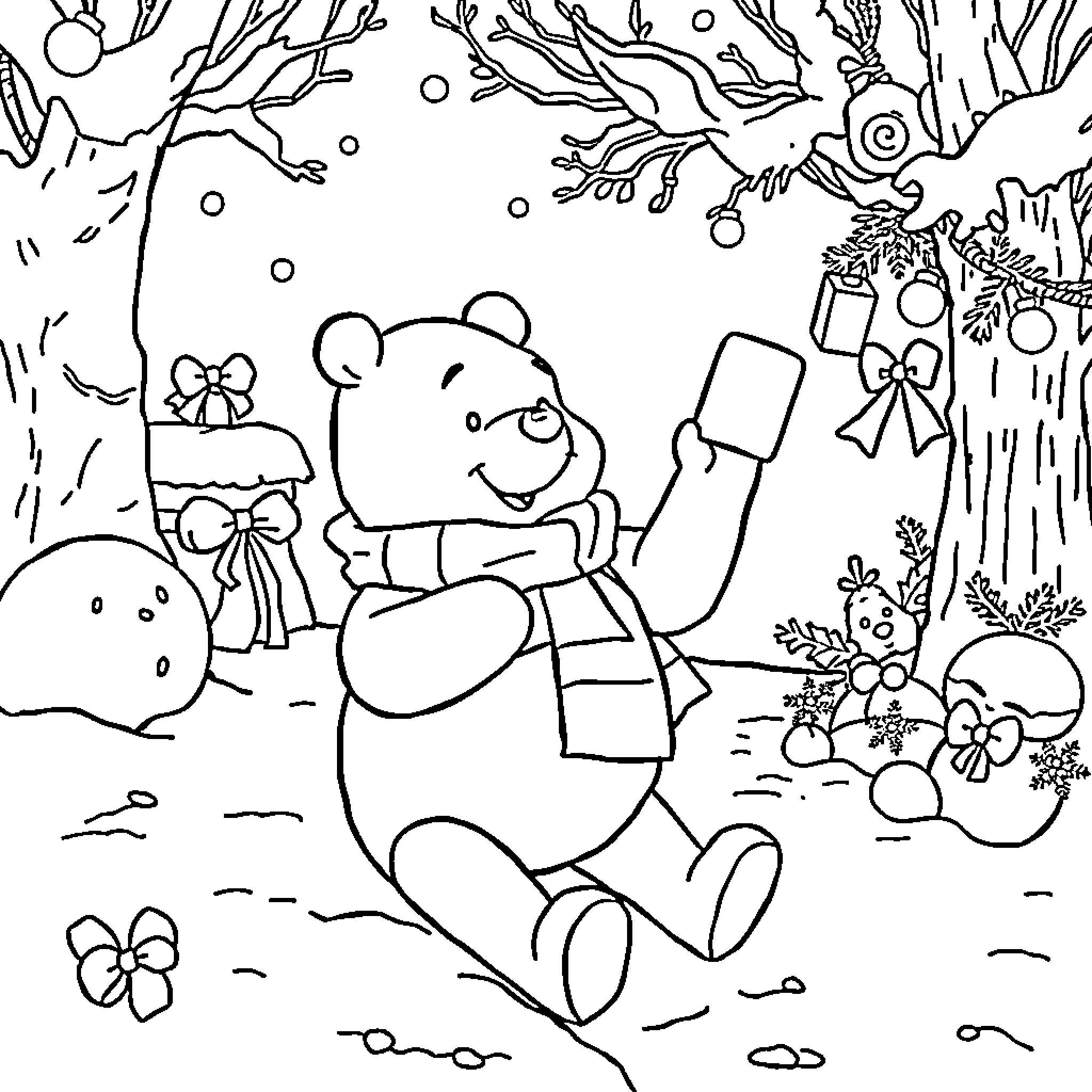 Winnie The Pooh enjoying a winter wonderland Coloring Page (free black-and-white line drawing printable PDF for all, from beginners to advanced learners, including children, teens, adults, and seniors)