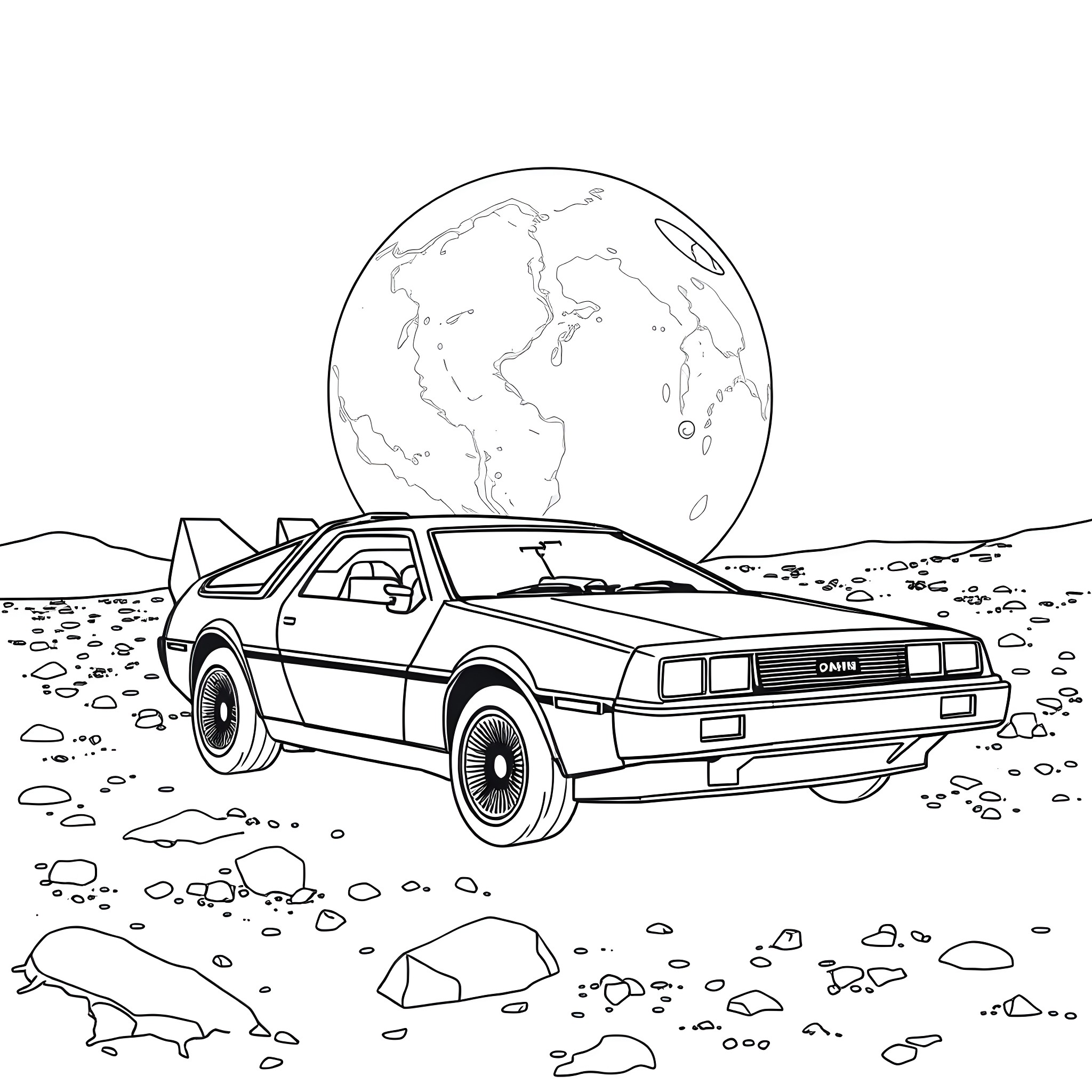 Delorian in a Futuristic Desert Landscape Coloring Page (free black-and-white line drawing printable PDF for all, from beginners to advanced learners, including children, teens, adults, and seniors)