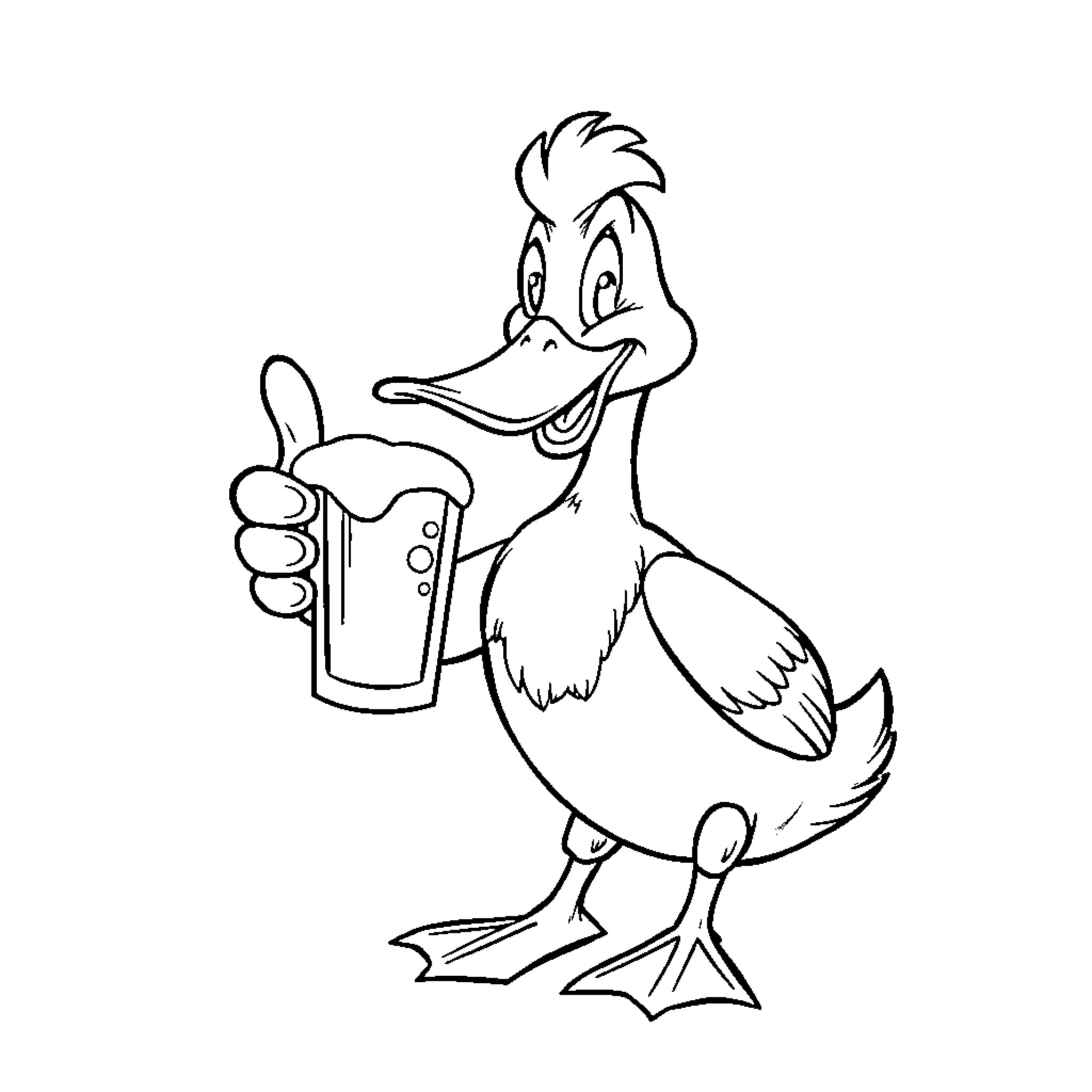 Duck enjoying a refreshing beverage Coloring Page (free black-and-white line drawing printable PDF for all, from beginners to advanced learners, including children, teens, adults, and seniors)