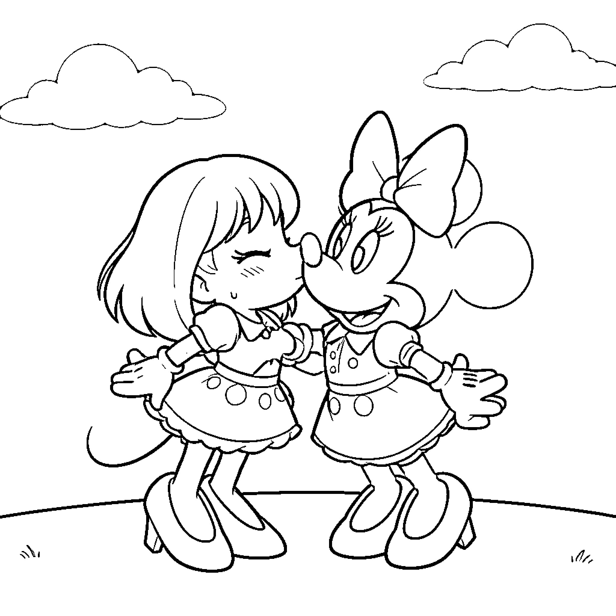 Miki and Minnie's Playful Embrace Coloring Page (free black-and-white line drawing printable PDF for all, from beginners to advanced learners, including children, teens, adults, and seniors)
