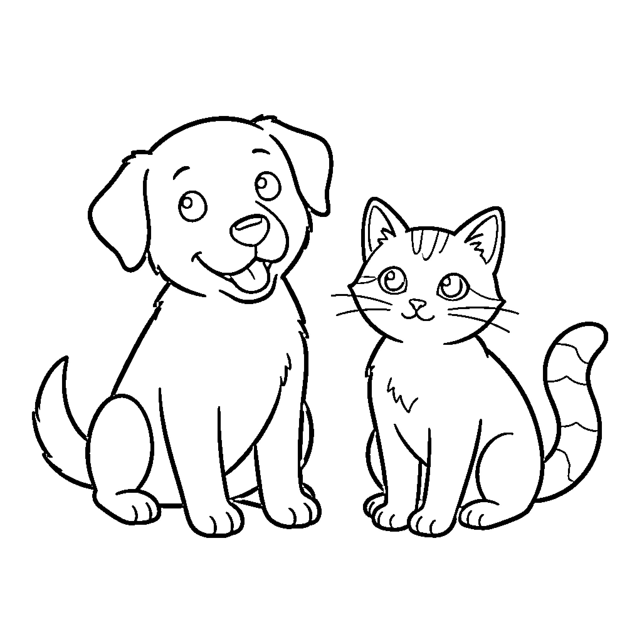 Dog and Cat sitting together happily Coloring Page (free black-and-white line drawing printable PDF for all, from beginners to advanced learners, including children, teens, adults, and seniors)