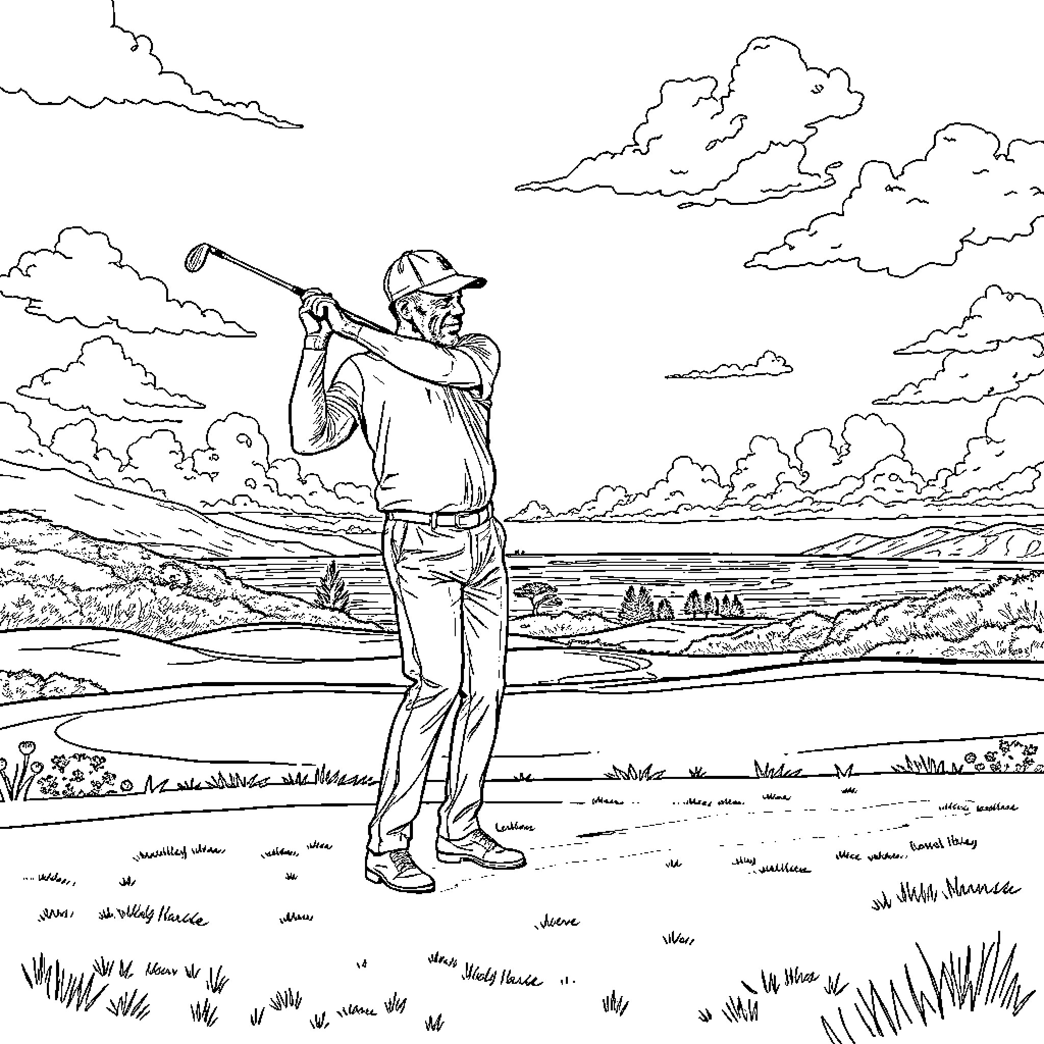 Morgan Freeman enjoying a peaceful day golfing in the countryside Coloring Page (free black-and-white line drawing printable PDF for all, from beginners to advanced learners, including children, teens, adults, and seniors)