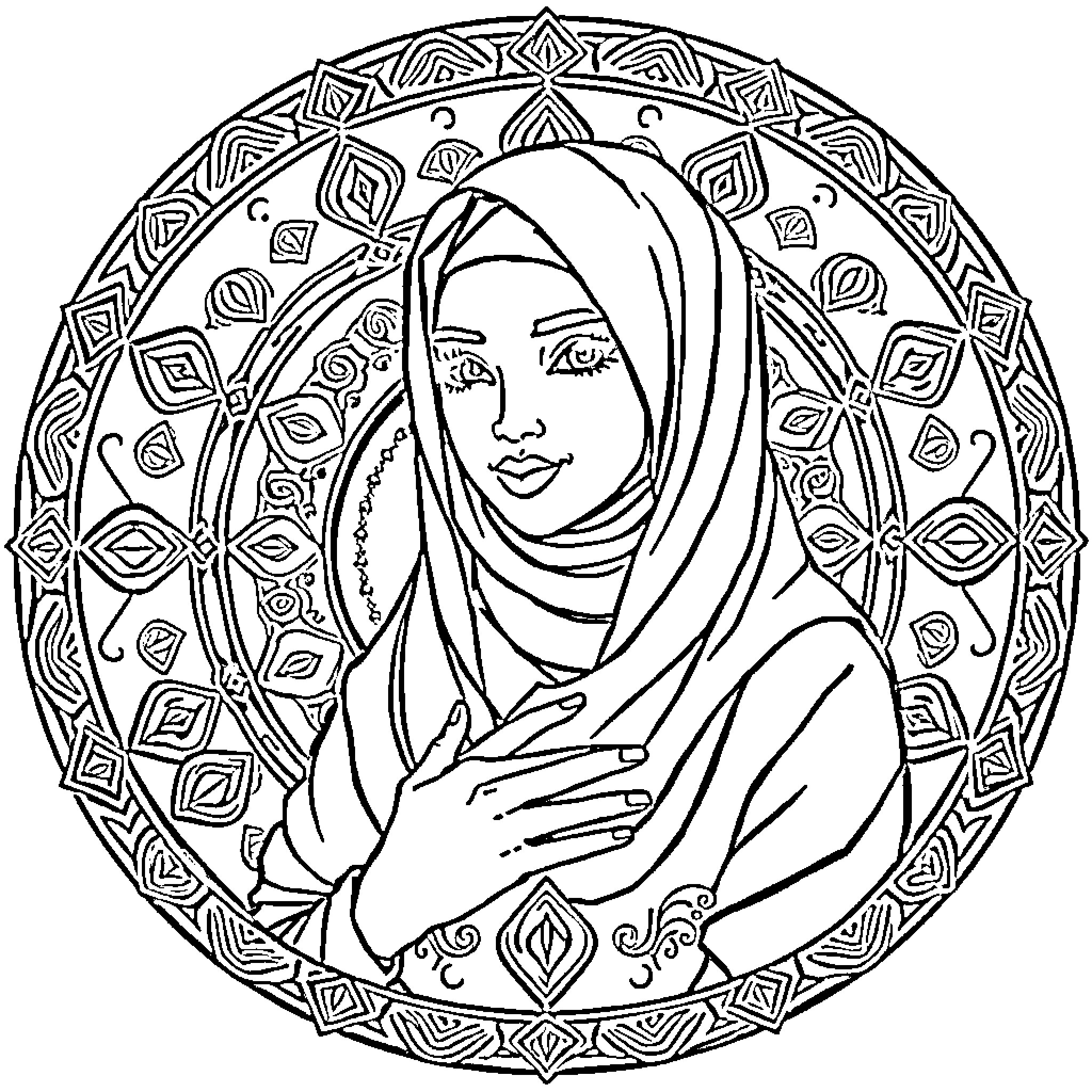 Muslim Woman in Traditional Headscarf and Ornate Attire Coloring Page (free black-and-white line drawing printable PDF for all, from beginners to advanced learners, including children, teens, adults, and seniors)