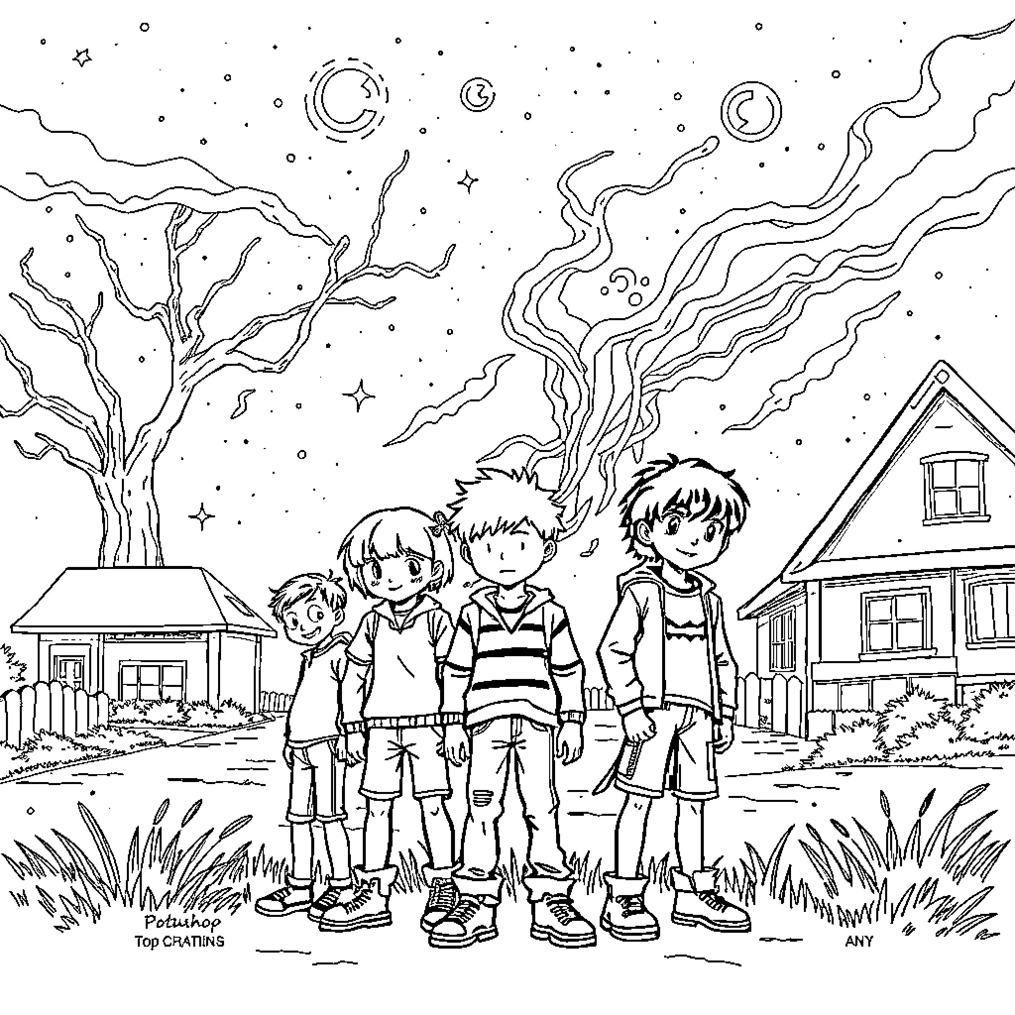 Stranger Things: Group of friends in an eerie night scene Coloring Page (free black-and-white line drawing printable PDF for all, from beginners to advanced learners, including children, teens, adults, and seniors)