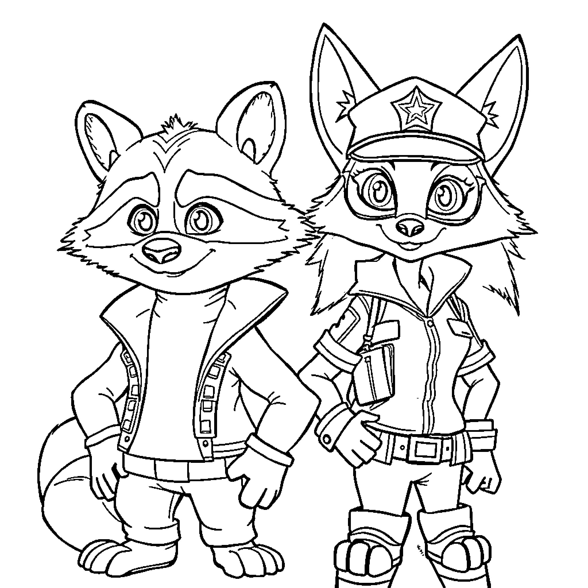 Sly Cooper and Carmelita Fox in Spy Outfits Coloring Page (free black-and-white line drawing printable PDF for all, from beginners to advanced learners, including children, teens, adults, and seniors)