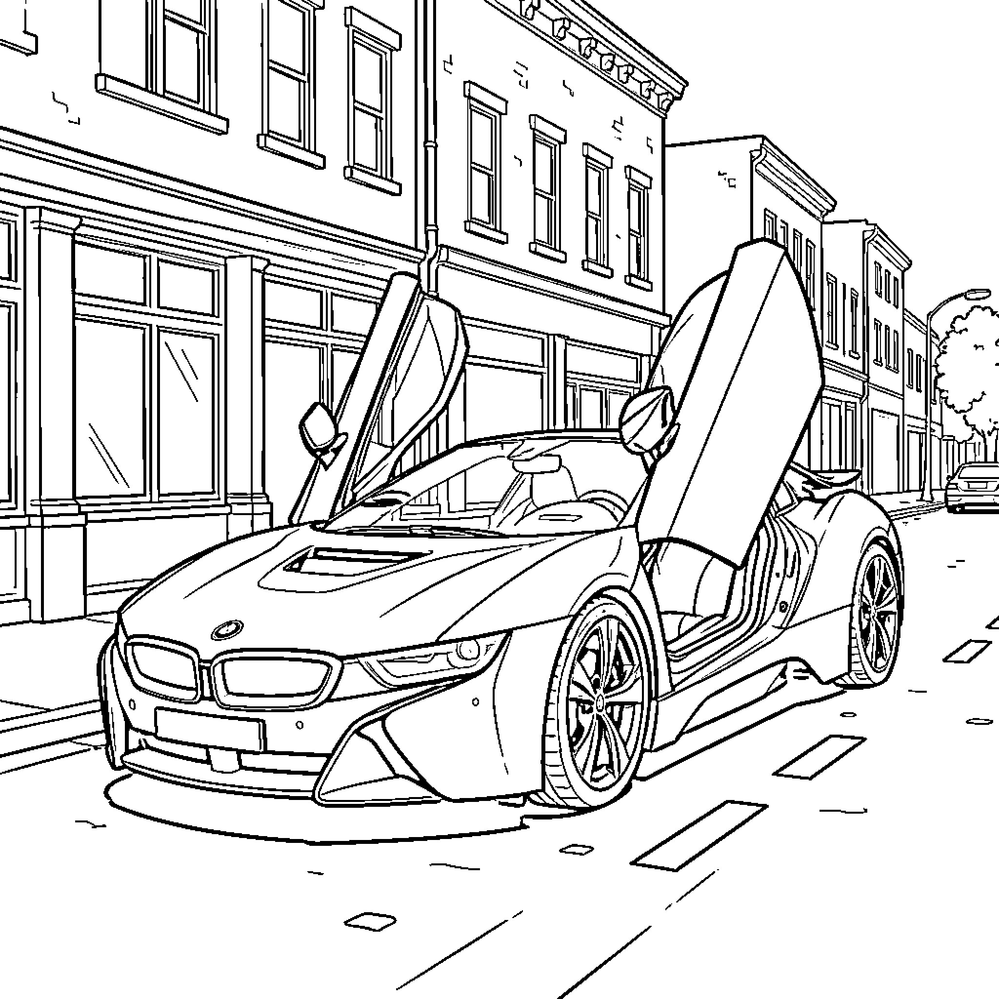 BMW i8 parked on a city street with doors open Coloring Page (free black-and-white line drawing printable PDF for all, from beginners to advanced learners, including children, teens, adults, and seniors)