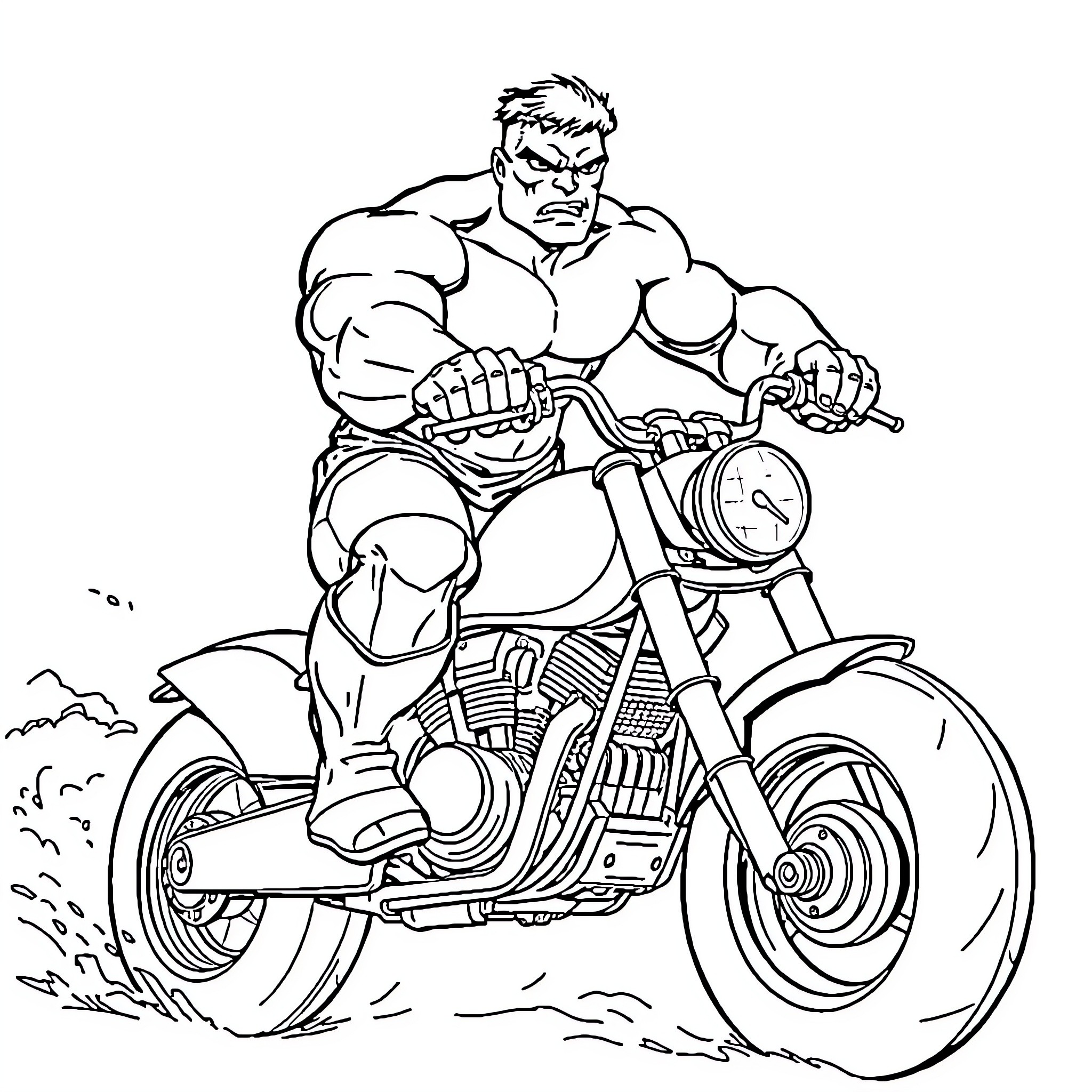 Hulk riding a powerful motorcycle in the wild Coloring Page (free black-and-white line drawing printable PDF for all, from beginners to advanced learners, including children, teens, adults, and seniors)