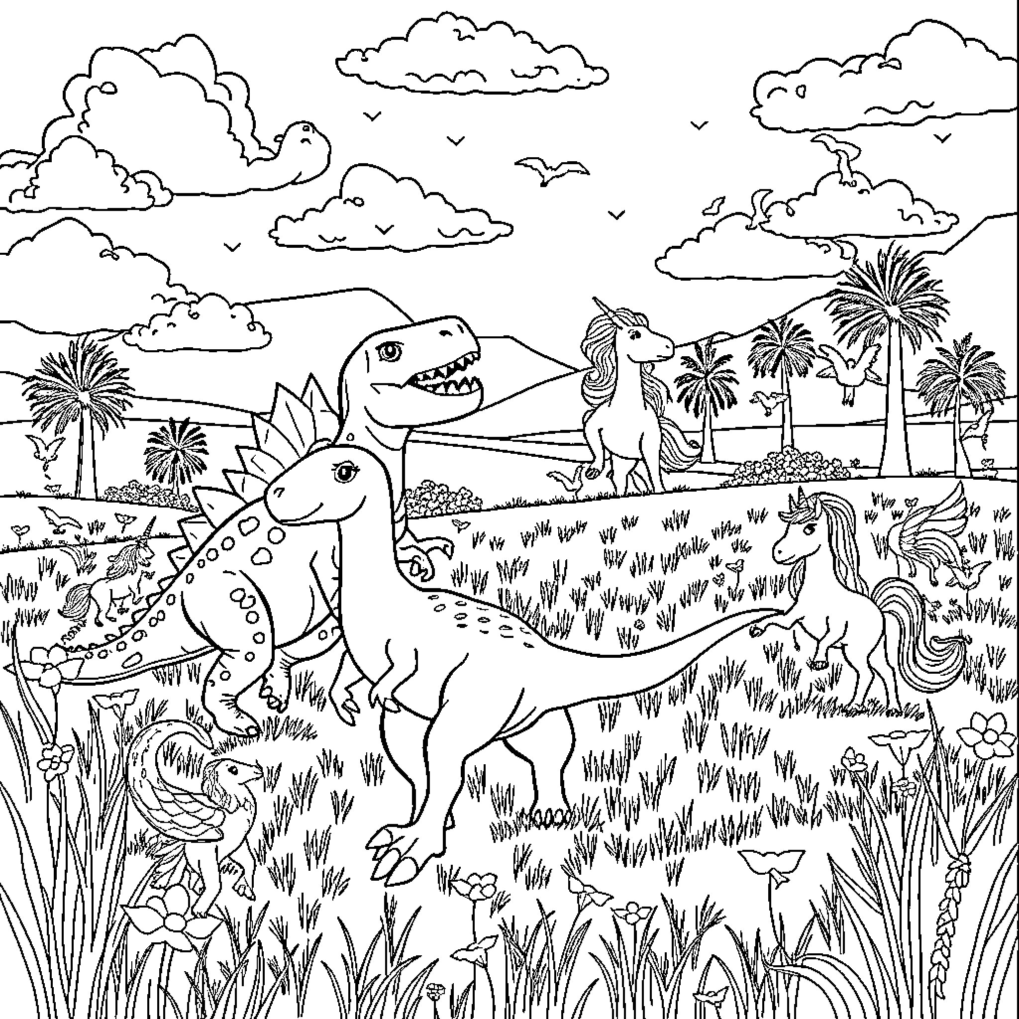 Dinosaur Roam in Prehistoric Landscape Coloring Page (free black-and-white line drawing printable PDF for all, from beginners to advanced learners, including children, teens, adults, and seniors)