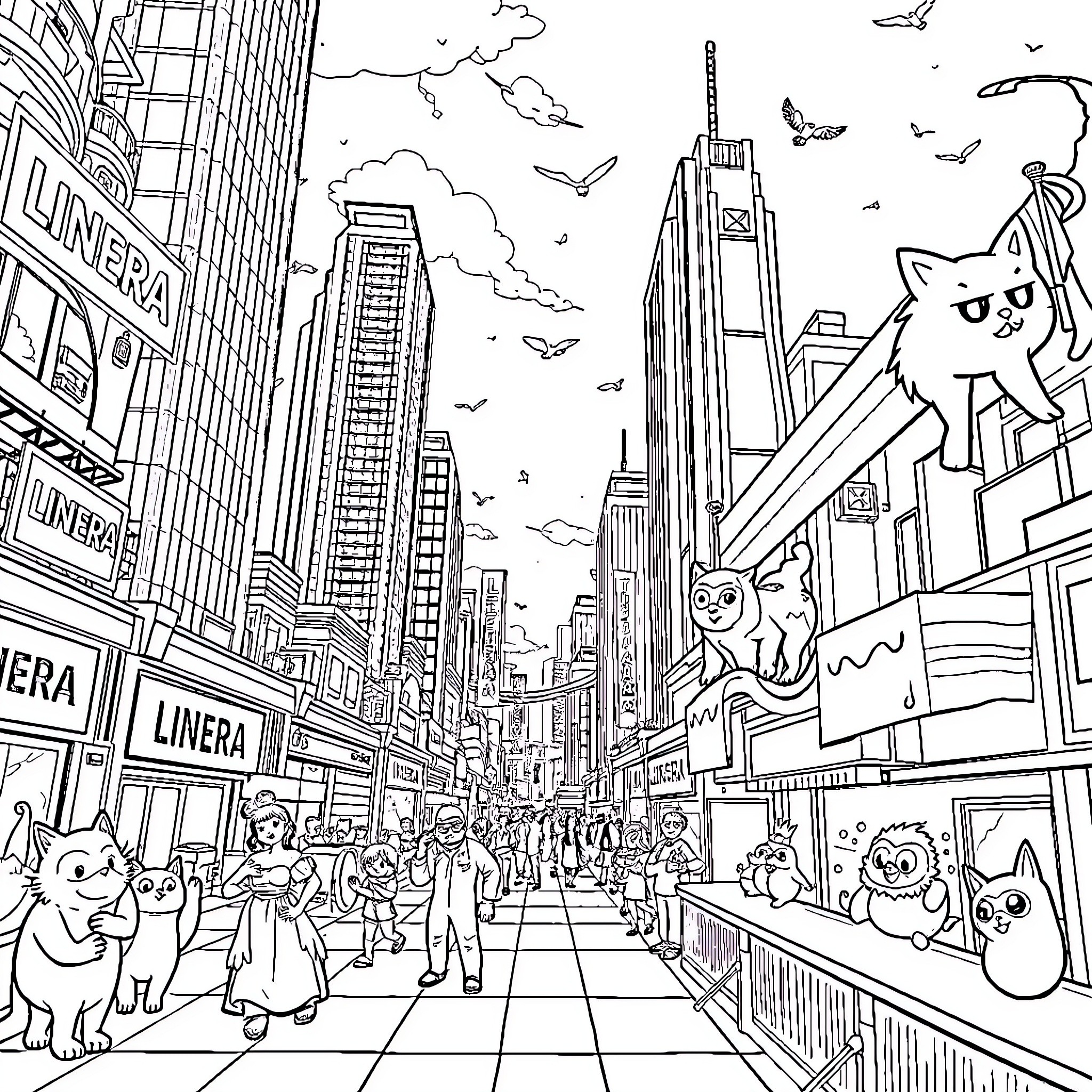 NFT Character in a Bustling City Skyline Coloring Page (free black-and-white line drawing printable PDF for all, from beginners to advanced learners, including children, teens, adults, and seniors)